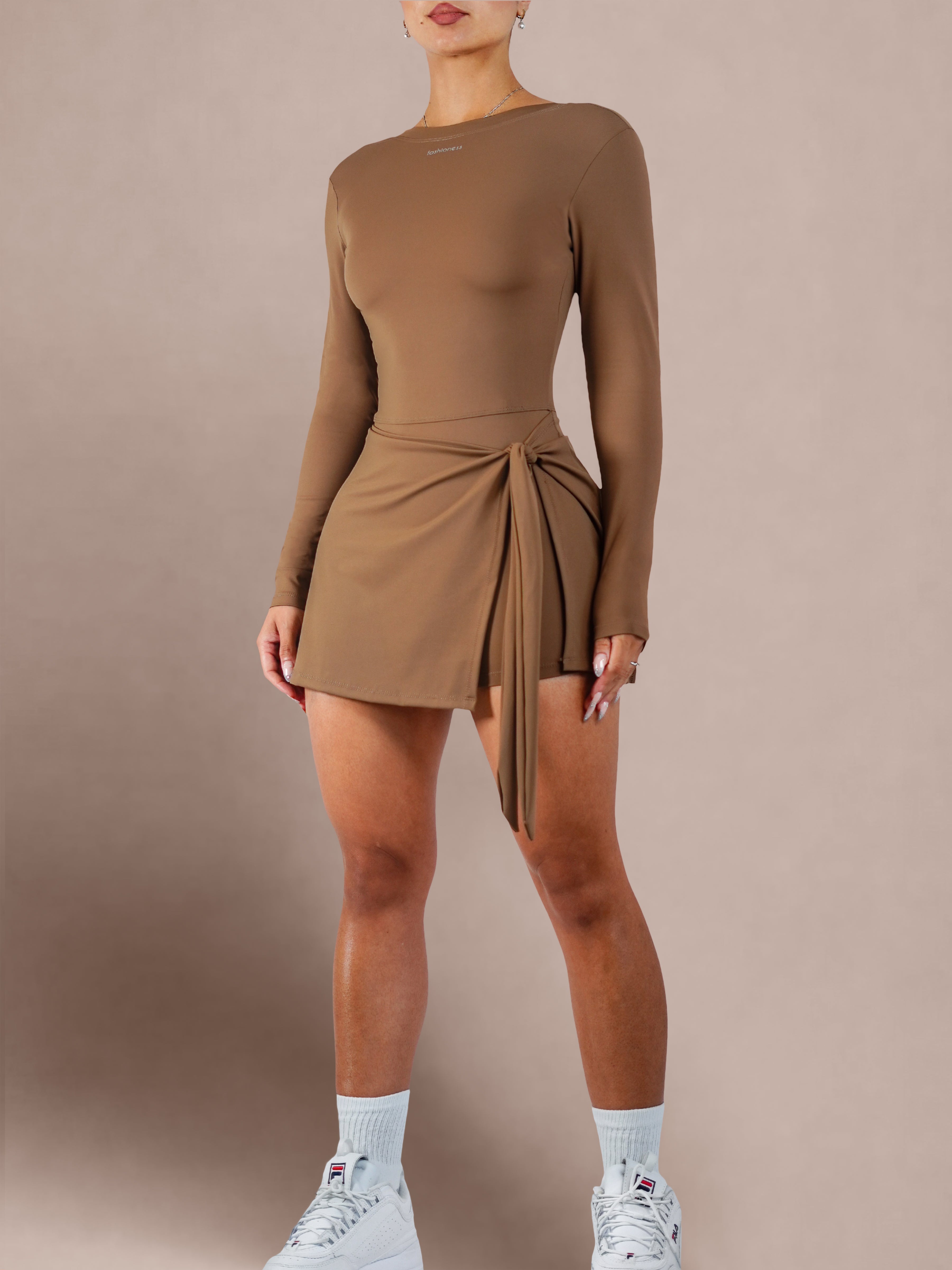 Elegant Tie-Up Long Sleeve Tennis Dress for Women - Mocha Brown Athletic Dress for Tennis, Golf & Casual Wear | Breathable & Comfortable Workout Dress