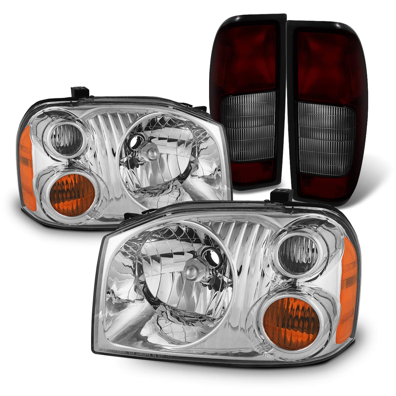 AKKON - 2 Sets Nissan Frontier Headlights & Tail Lights Combo (2001-2004) - OE Style Chrome Housing with Dark Red Lens - Direct Fit Replacement for Improved Night Visibility - Perfect for Off-Roading & Night Driving