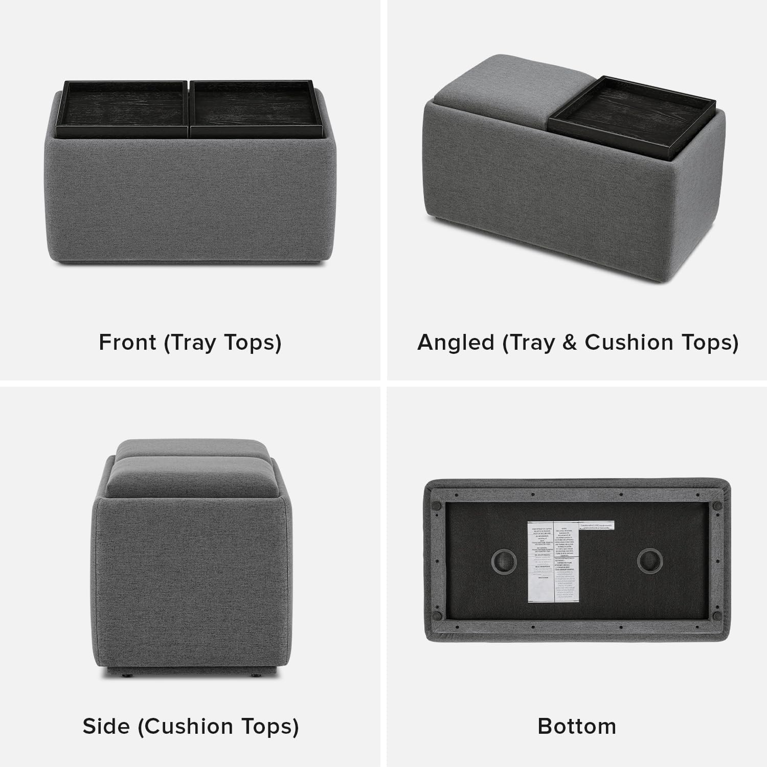 Mopio Levi Storage Bench with Reversible Tray - Modern Upholstered Ottoman Coffee Table for Living Room, Bedroom & Entryway - Dark Gray Fabric Cube Bench with Storage - Perfect for Small Spaces, Seating & Home Organization