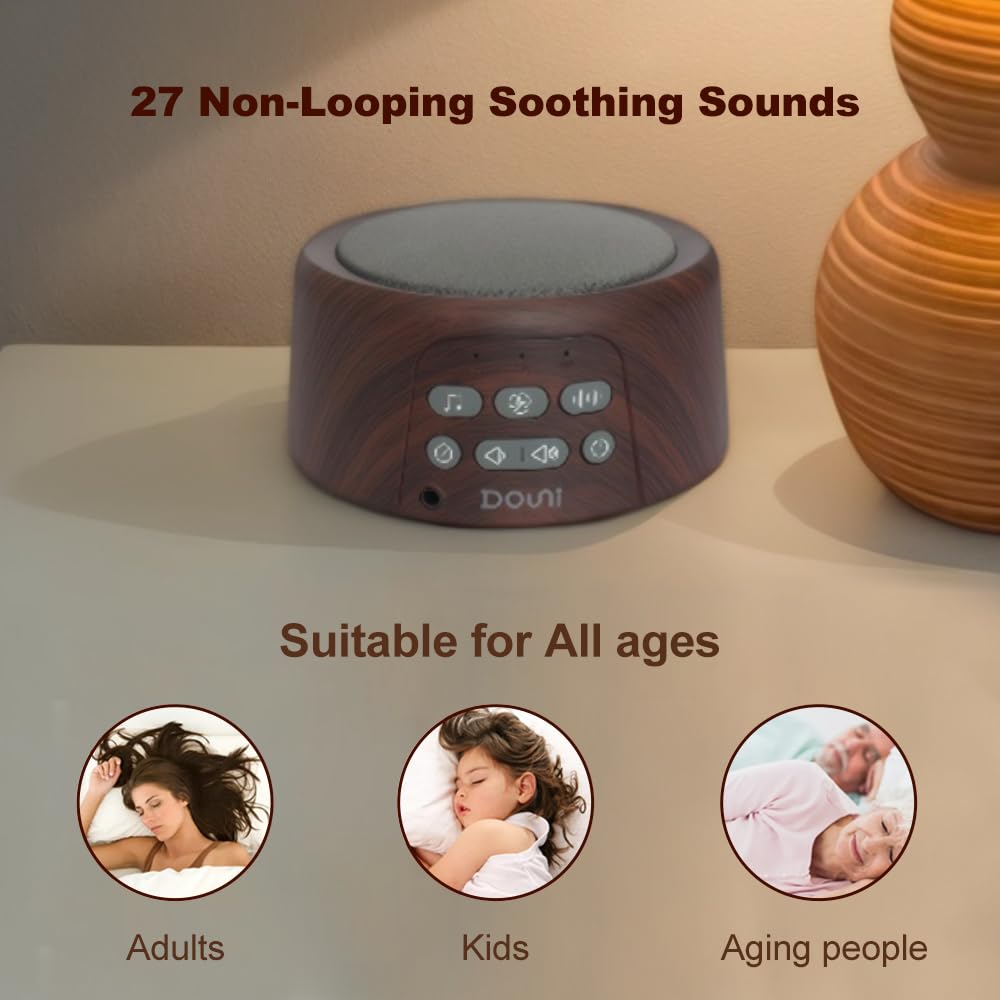 White Noise Machine for Sleep & Relaxation - Portable Sound Machine with Timer, Memory Function & Soothing Sounds - Ideal for Babies, Adults, Nursery, Home Office & Travel - Natural Wood Grain Design - Perfect for Bedtime, Meditation & Noise Cancellation