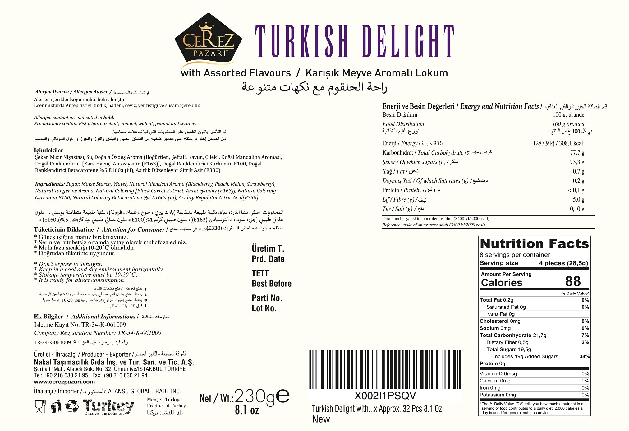 Premium Turkish Delights Candy Gift Box - Assorted Vegan Fruit Flavors, No Nuts, Traditional Lokum Sweet Treat (8.1 oz) | Perfect for Gifting, Parties & Dessert Platters