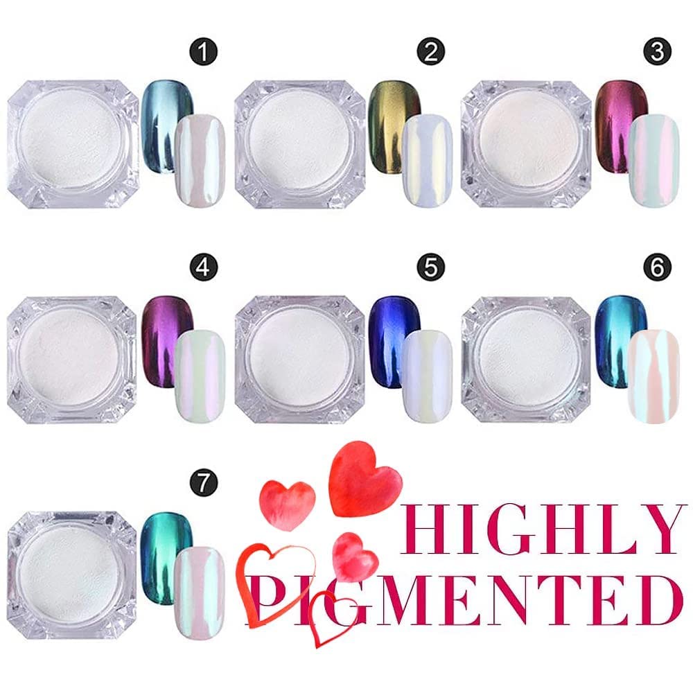 D.B.Z. Chrome Nail Powder Set - 7 Colors Pearl Holographic Mirror Effect Nail Art Pigment with Iridescent Shell Glitter for Professional Manicure | Perfect for Salon, Home DIY & Special Occasion Nail Designs