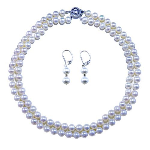 AA White 2 Rows 8-9mm Freshwater Cultured Pearl Necklace with Matching Earrings Set - High Luster 17-18 Inch Bridal Jewelry for Weddings & Special Occasions