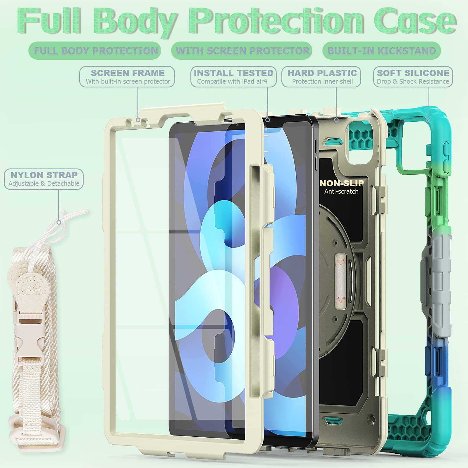 Dteck Shockproof Protective Case for iPad Air 5 (2022)/iPad Air 4 (2020)/iPad Pro 11 Inch - with Shoulder Strap, Hand Strap & Pencil Holder | Kickstand Feature | Kids-Friendly Colorful Green Design | Perfect for School, Travel & Outdoor Activities