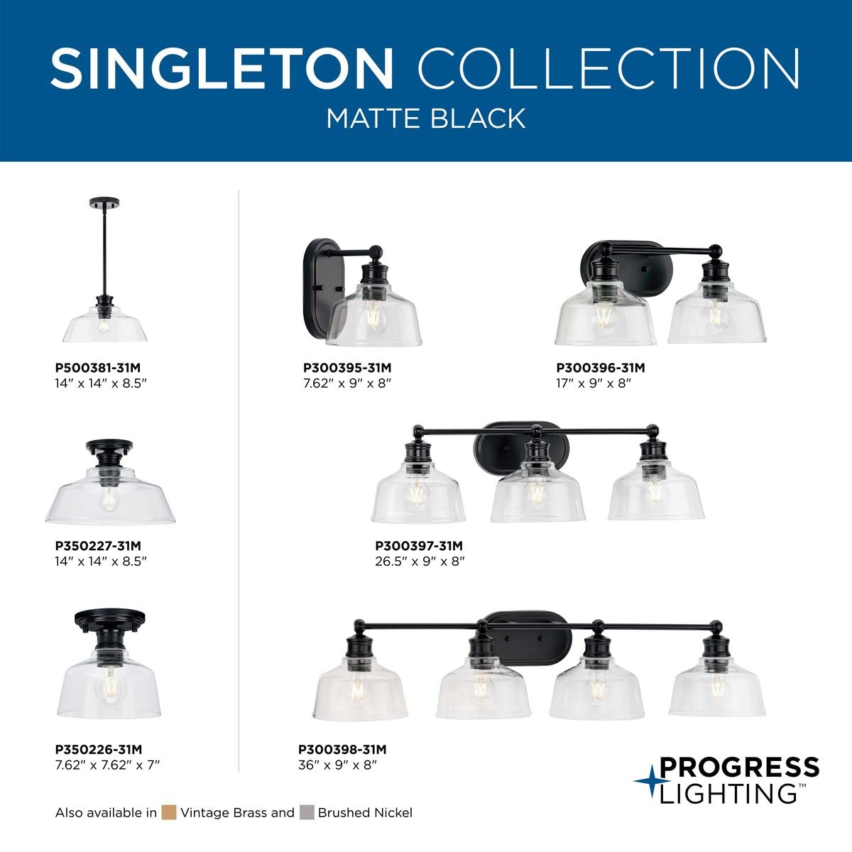 Progress Lighting P300398-31M Singleton Collection 4-Light Bathroom Vanity Light Fixture in Matte Black - Perfect for Modern Bathrooms, Powder Rooms & Dressing Areas