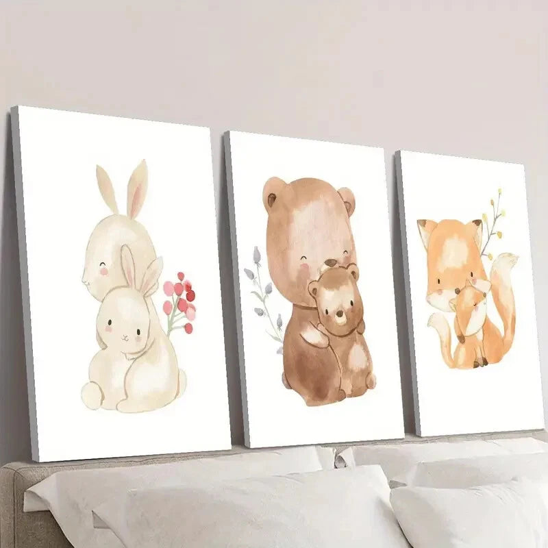 3pcs Cartoon Bunny & Bear Family Wall Art Set - Framed Canvas 40x60cm - High Quality Print - 100% Australian Made - Ready to Hang - Perfect for Nursery, Kids Room & Home Decor