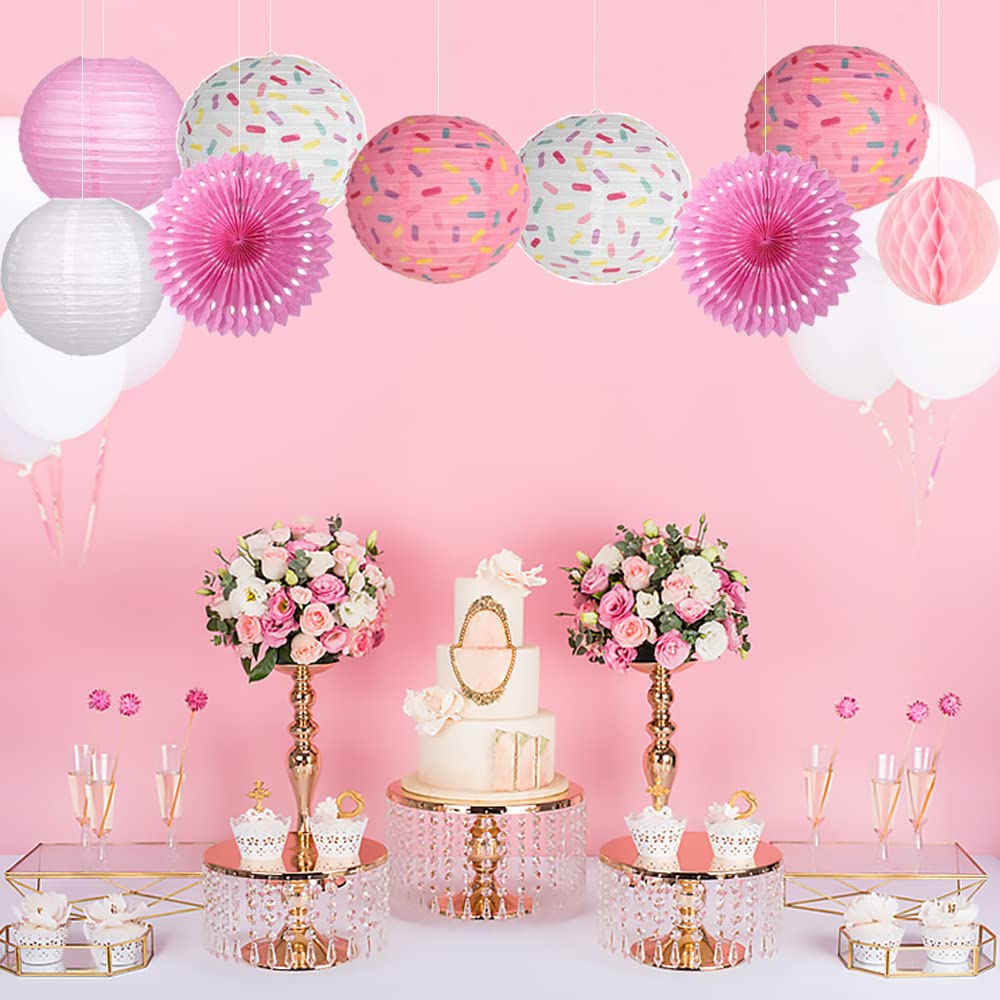 Aiminjey 15PCS Donut Birthday Party Decorations Set - Hanging Donut Paper Lanterns, Honeycomb Balls & Paper Fans for Baby Shower, Ice Cream Party (Blue & Pink Theme, 15 Pieces) - Perfect for Kids Birthday, Dessert-Themed Events & Classroom Celebrations