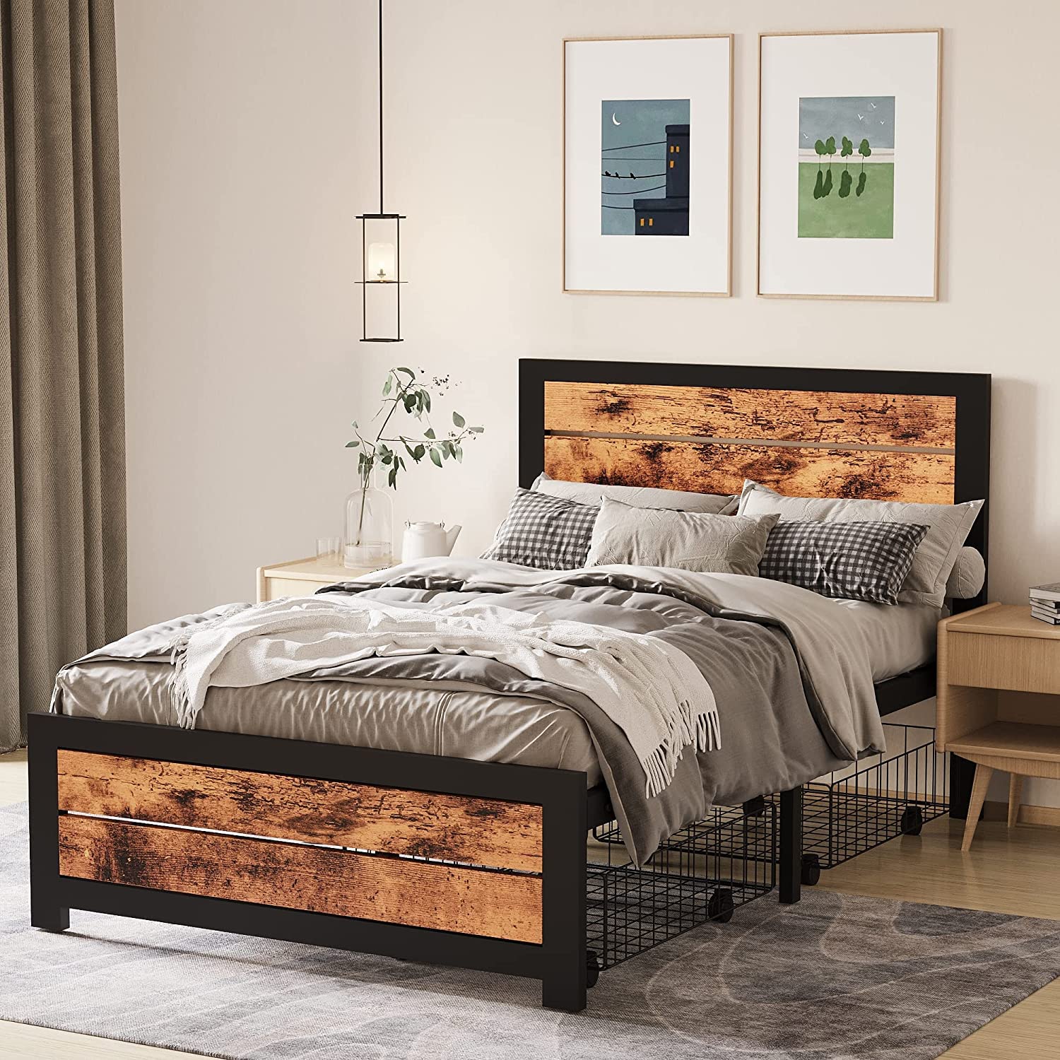 DHMAKER Twin Bed Frame with Storage & Headboard - Sturdy Metal Platform Bed with Steel Slats & 2 Underbed Carts - No Box Spring Needed - Perfect for Kids, Teens & Adults Bedrooms, Dorms & Guest Rooms