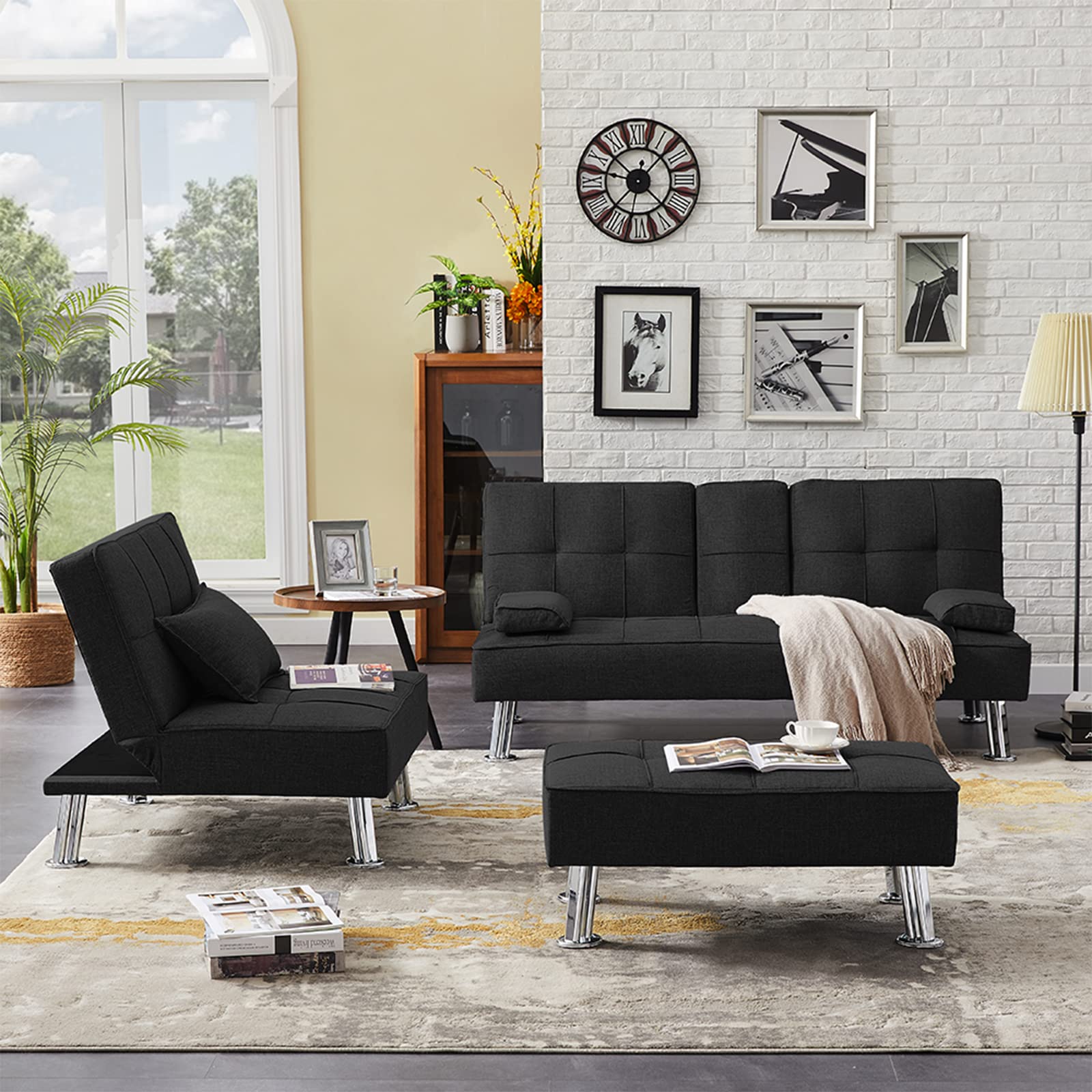 Convertible Fabric Folding Sofa Bed with Ottoman - 3-Piece Living Room Furniture Set with 2 Cup Holders, Removable Armrest & Sturdy Metal Legs | Space-Saving Sleeper Sofa for Small Apartments, Guest Rooms & Home Offices