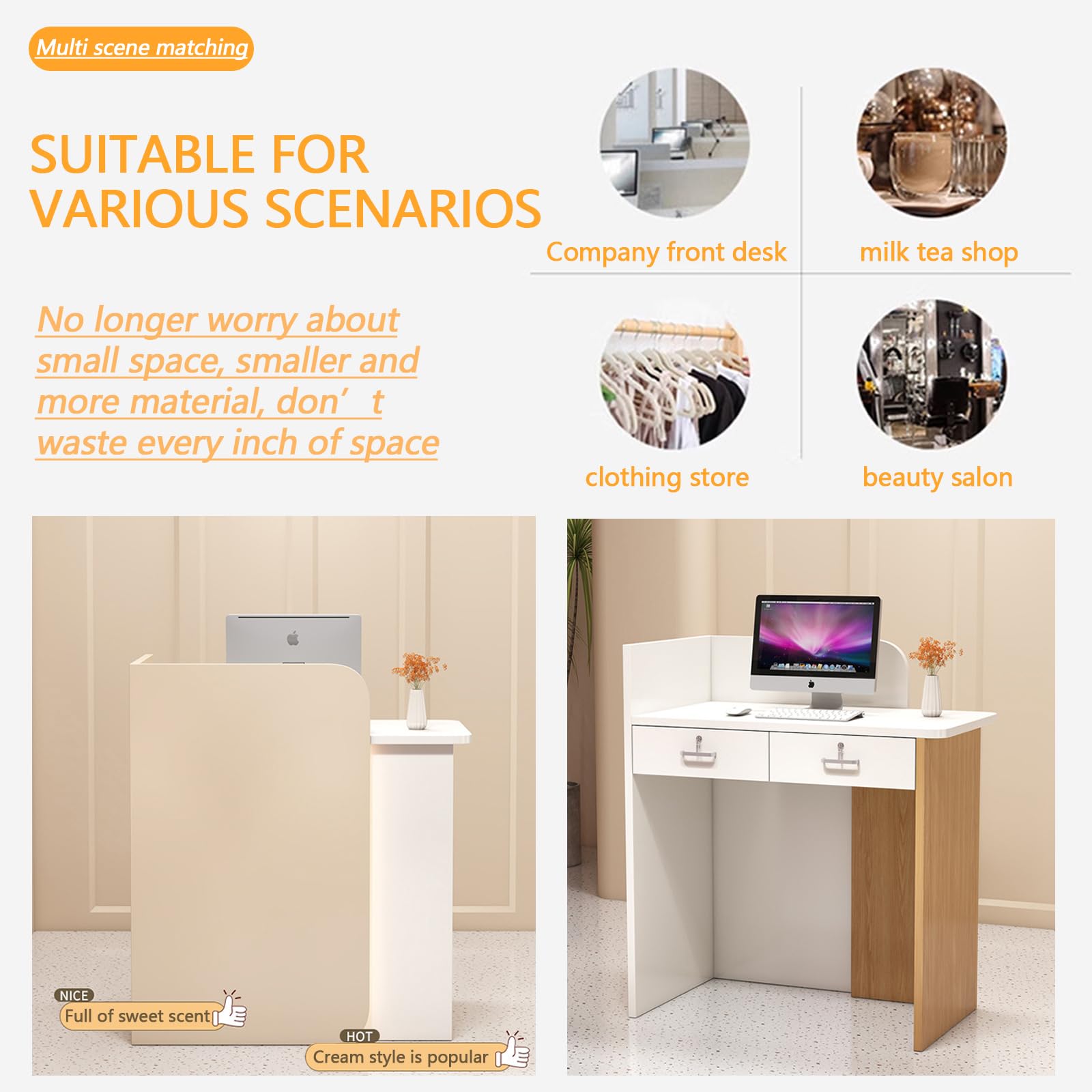 Modern Reception Desk Counter Table with Drawer Storage - Elegant Retail & Cashier Front Desk for Clothing Store, Salon, Hotel & Office - Durable Open Design Reception Cabinet for Professional Spaces