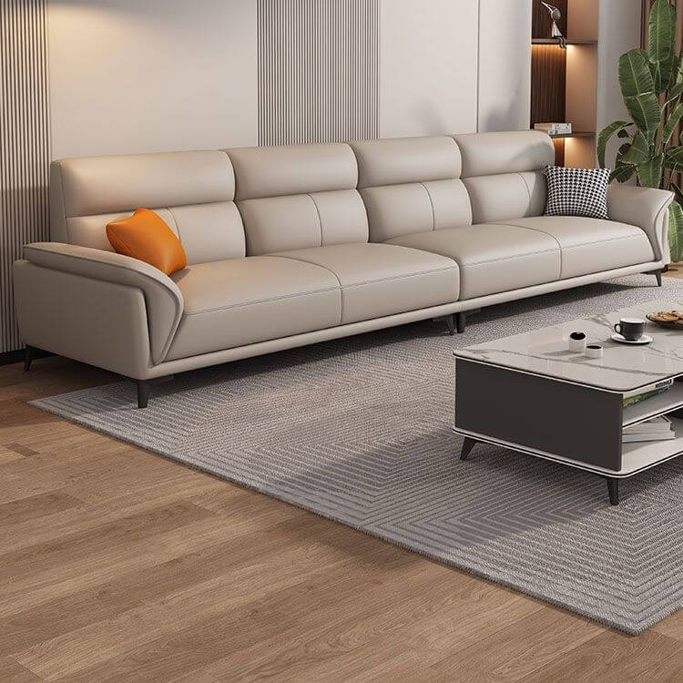 Modern Dove Grey Scratch-Resistant Solid Color Cow Leather Upholstered 4-Seater Sofa with 2 Pillows - Perfect for Living Room, Lounge, and Office Spaces