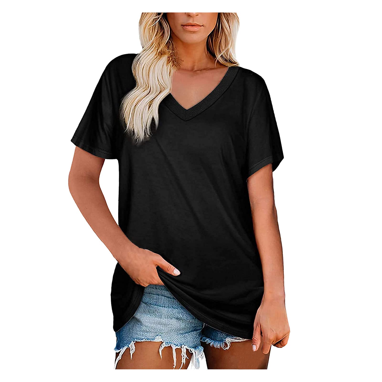 Women's Casual Summer V-Neck Loose Fit T-Shirt - Trendy Short Sleeve Tunic Blouse for Everyday Wear & Outfits