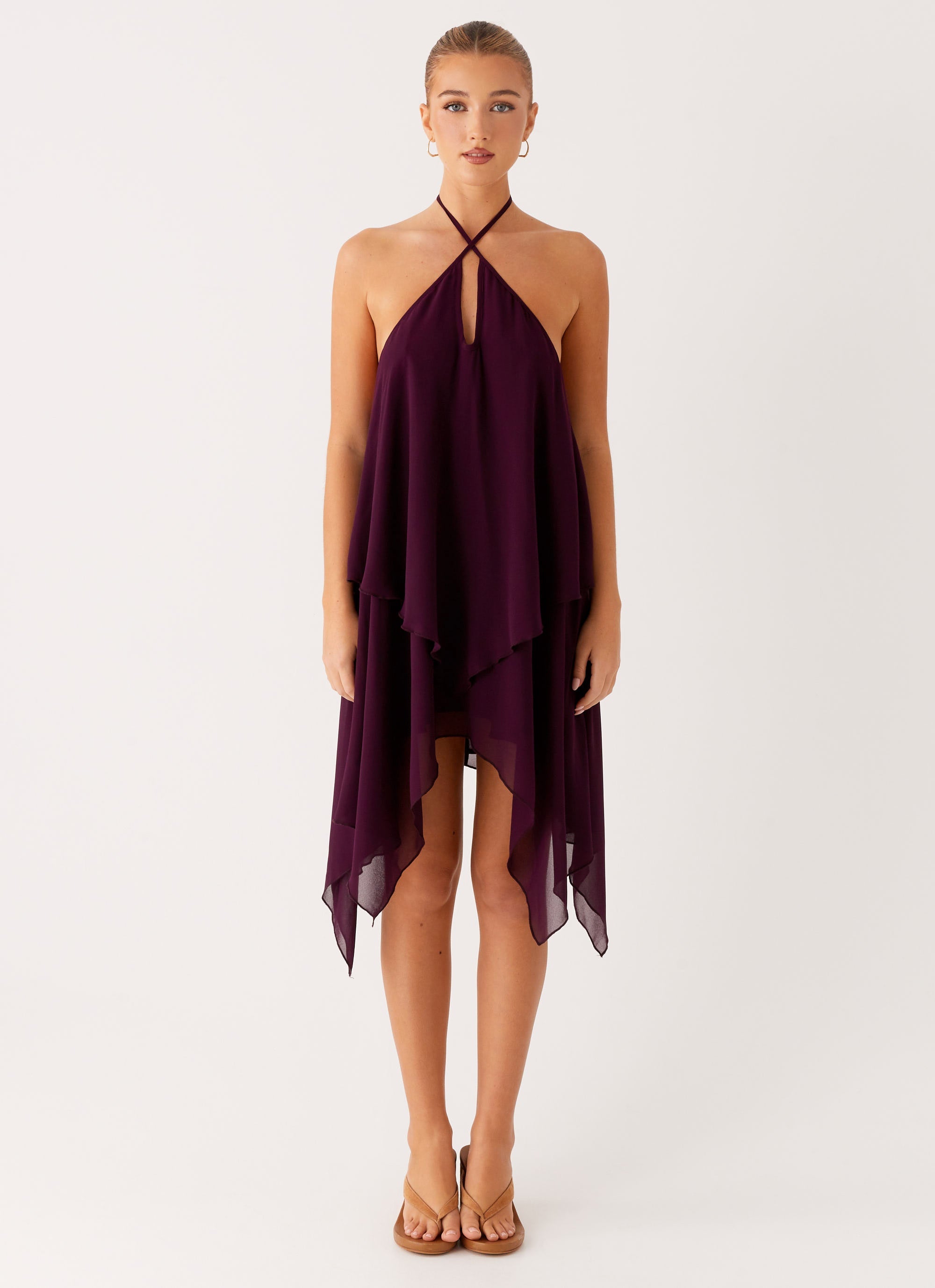 Dalenti Midi Dress in Plum Color - Elegant Flowy Knee-Length Dress for Women | Perfect for Office, Date Night & Special Occasions