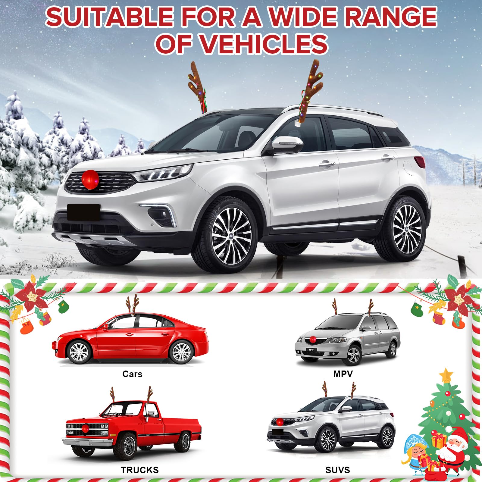 Festive Reindeer Car Antlers & Nose Kit with Christmas Lights - Holiday Car Decor for Jeeps, Trucks & Golf Carts - Perfect Christmas Gift for Family & Friends - Great for Road Trips, Parades & Neighborhood Decorations