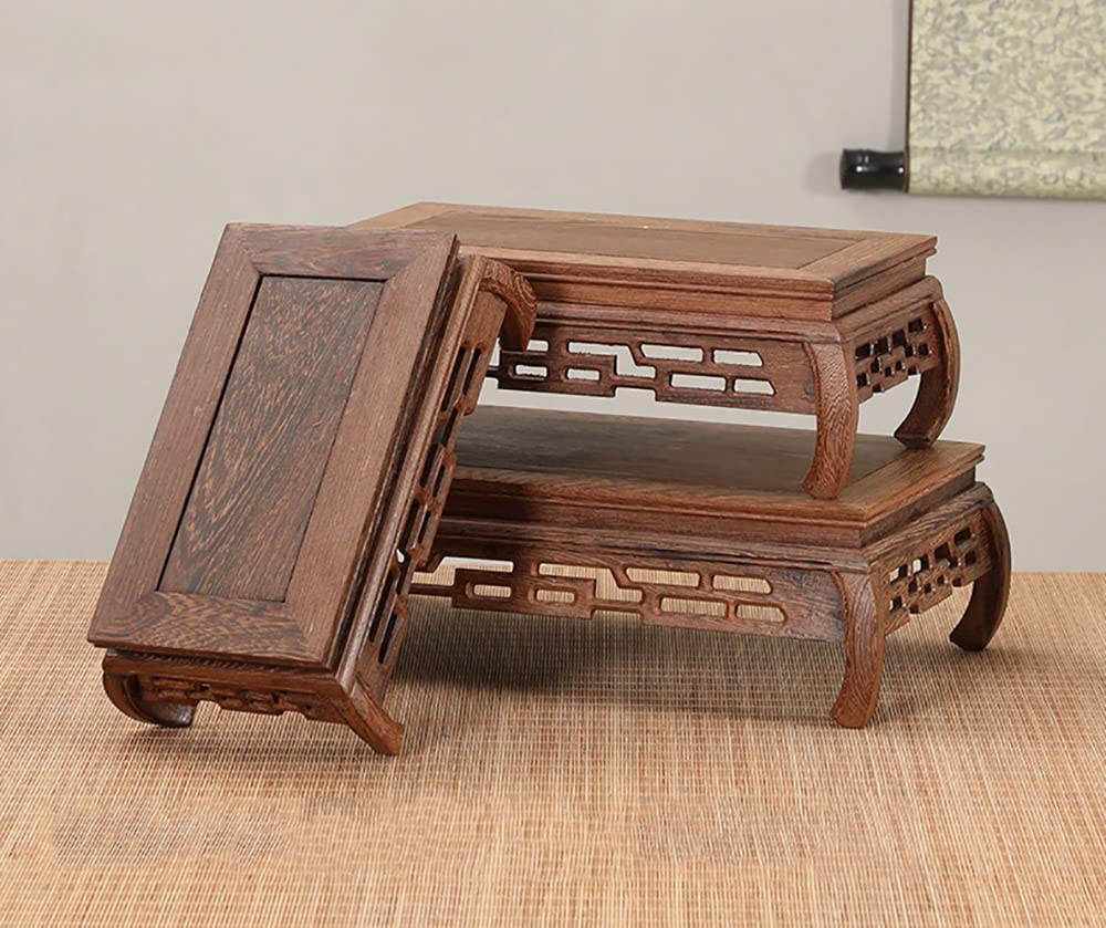 Handcrafted Wooden Rectangular Carved Base Vase & Fishbowl Display Stand - Buddha Statue & Guanyin Pedestal - Antique Home Decor for Living Room, Office & Meditation Space