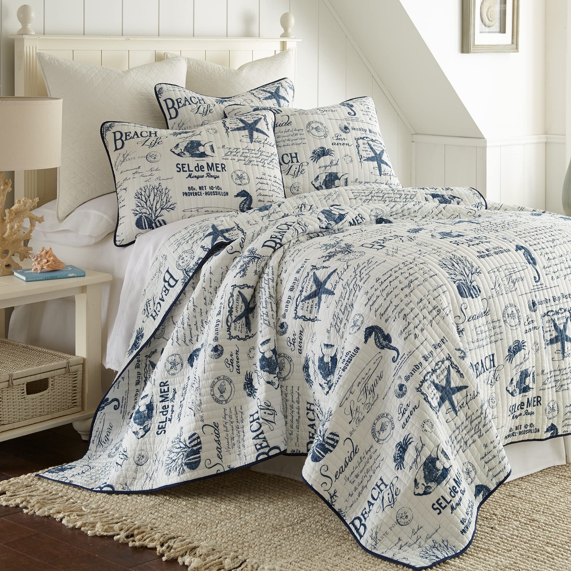 Levtex Home Beach Life King Size Cotton Quilt Set - Navy Blue Coastal Bedding for Master Bedroom & Guest Room | Soft Breathable Quilt Cover for Summer & Beach House Decor