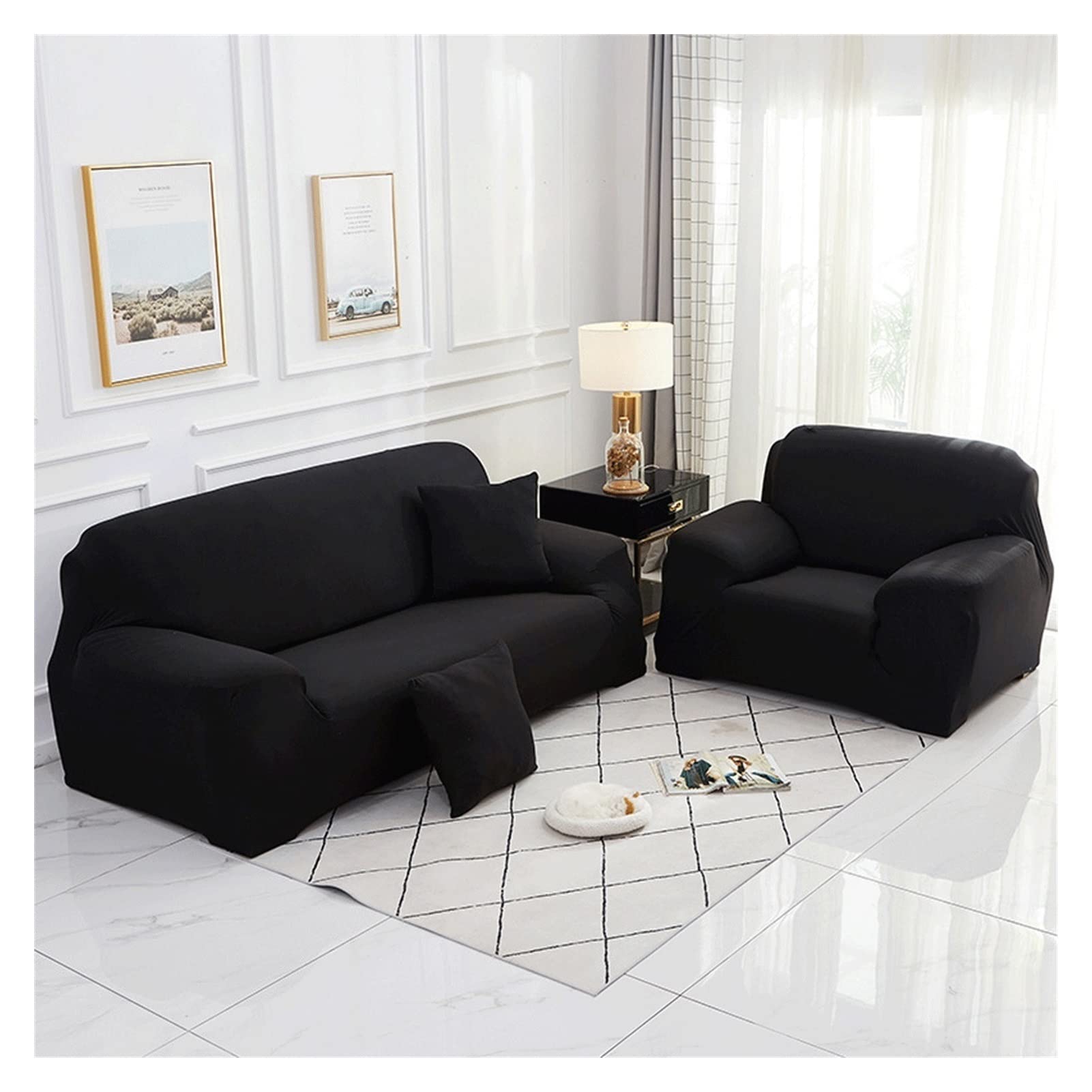Stretch Sofa Cover 4 Seater (235x300cm) - Soft Breathable Polyester Slipcover, Non-Slip Furniture Protector for Living Room Couches - 2-Piece Set (Black) | Perfect for Pets, Kids & Daily Use