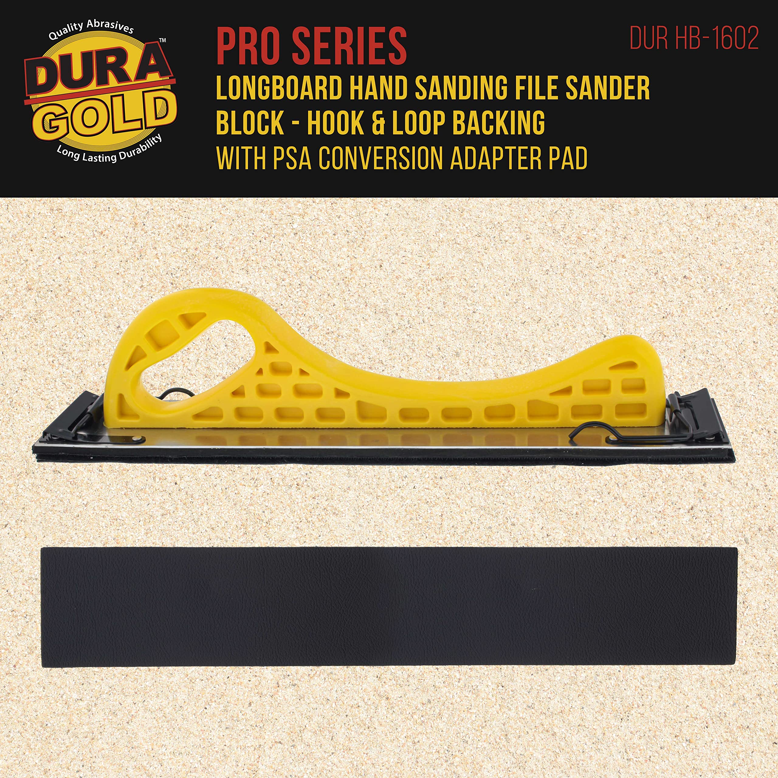 Dura-Gold Pro Series Longboard Hand Sanding File Sander Block with Hook & Loop Backing - Includes PSA Adapter Pad & 320 Grit Sandpaper Roll (20 Yards, 2-3/4