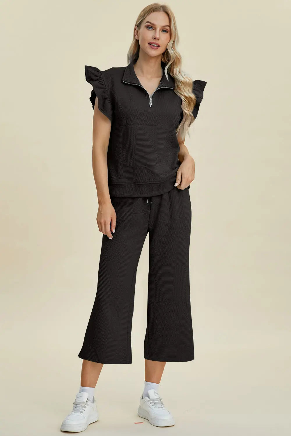 Double Take Women's Full Size Textured Ruffle Short Sleeve Top & Wide Leg Pants Set | Casual Outfit for Summer, Beach, Date Night & Office Wear