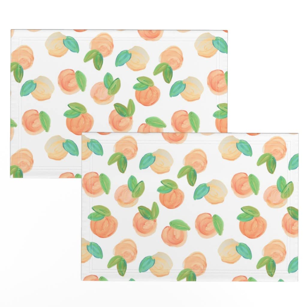 Sweet Peach Watercolor Fruit Printed Linen Cotton Canvas Placemats (Set of 2) - Elegant Table Setting for Dining Room, Kitchen, and Party Decor