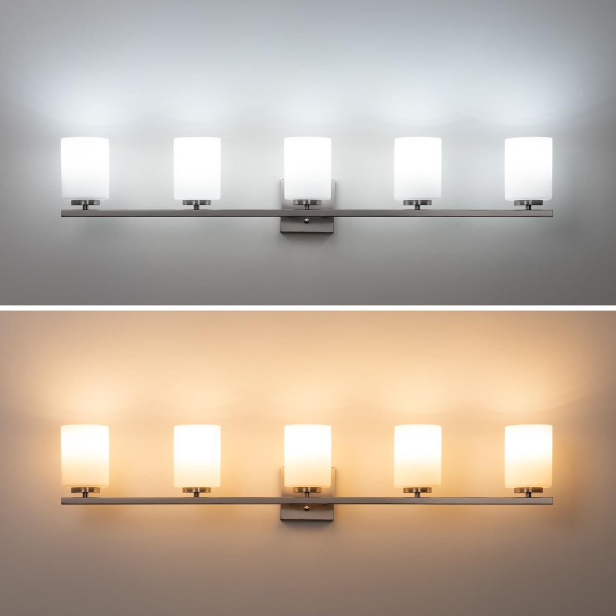 42-Inch 5-Light Modern Bathroom Vanity Light with Etched White Glass Shades - Brushed Nickel Finish - Perfect for Bathroom, Powder Room and Dressing Area Lighting