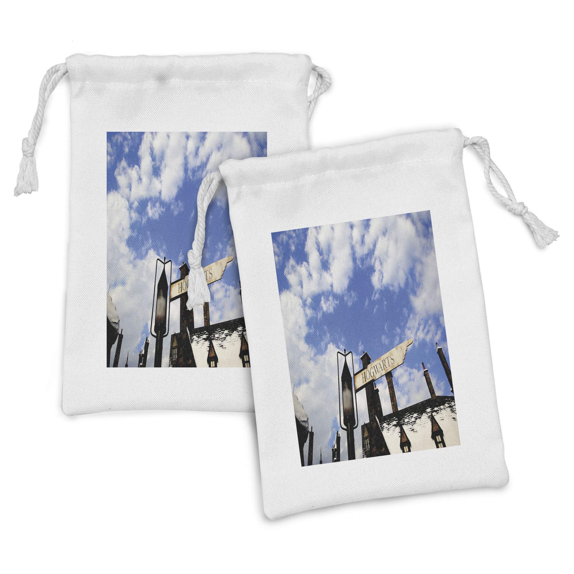 Ambesonne Wizard Fabric Pouch Set of 2 - Witchcraft Castle & Wizard Signboard Snowy Rooftops Sky Clouds - Small Drawstring Bag for Toiletries, Masks, Jewelry & Party Favors - 9