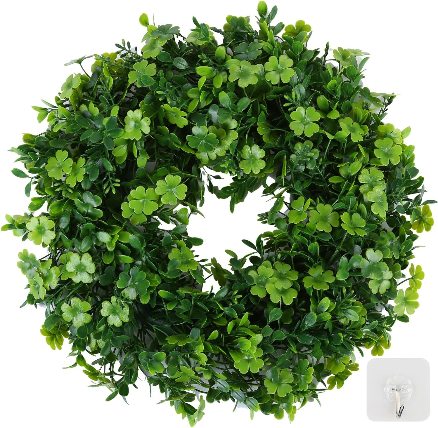 18 Inch St. Patrick's Day Shamrock Wreath for Front Door - Artificial Clover Wreath for Outdoor Decor, Lucky Four-Leaf Spring Summer Greenery Hanging Decor for Farmhouse, Wall, Window, Porch - Perfect for Home, Office & Party Decorations