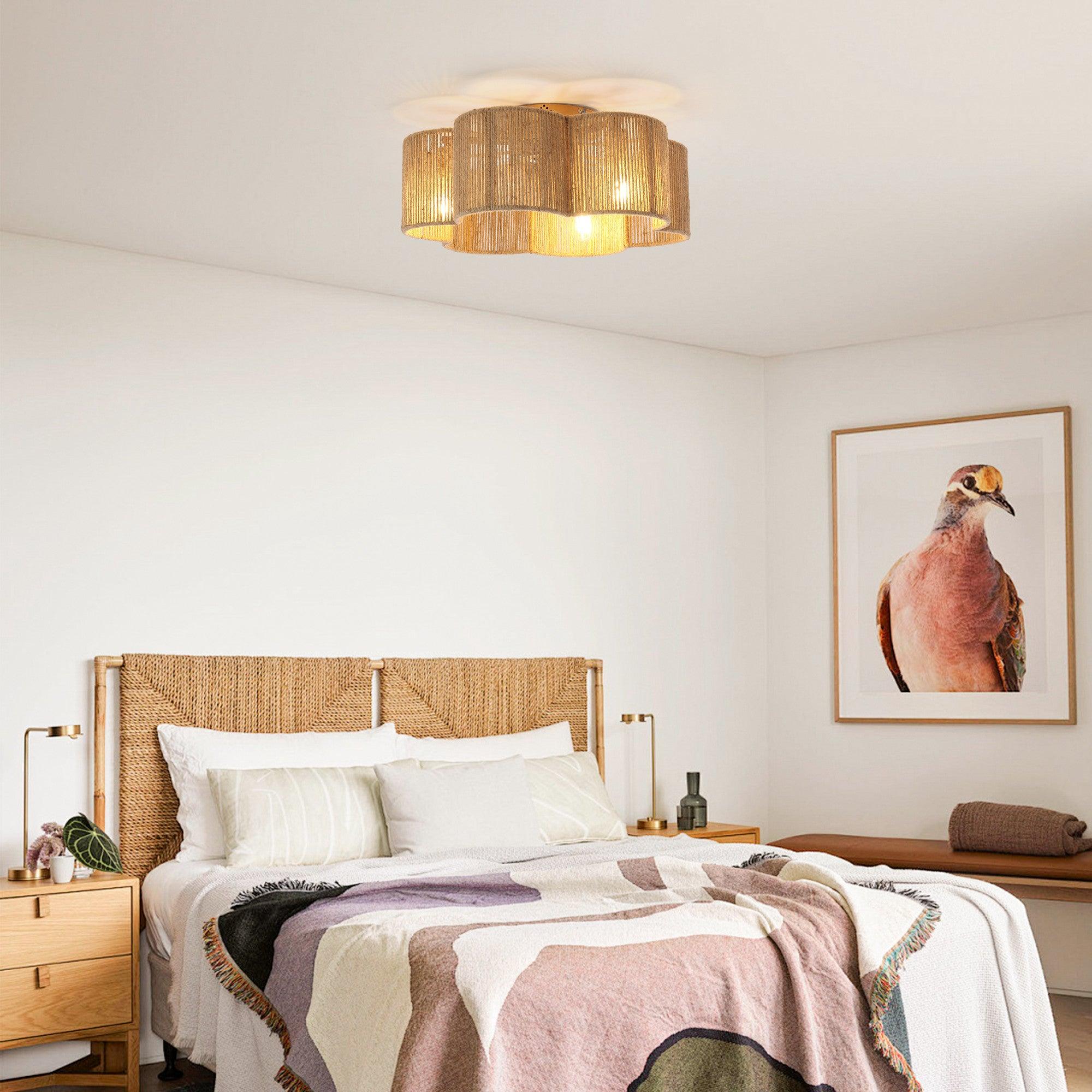 21 Inch Golden Flower Shape Farmhouse Rattan Flush Mount Ceiling Fan with Light - Smart APP & Remote Control - Perfect for Living Room, Bedroom, and Patio