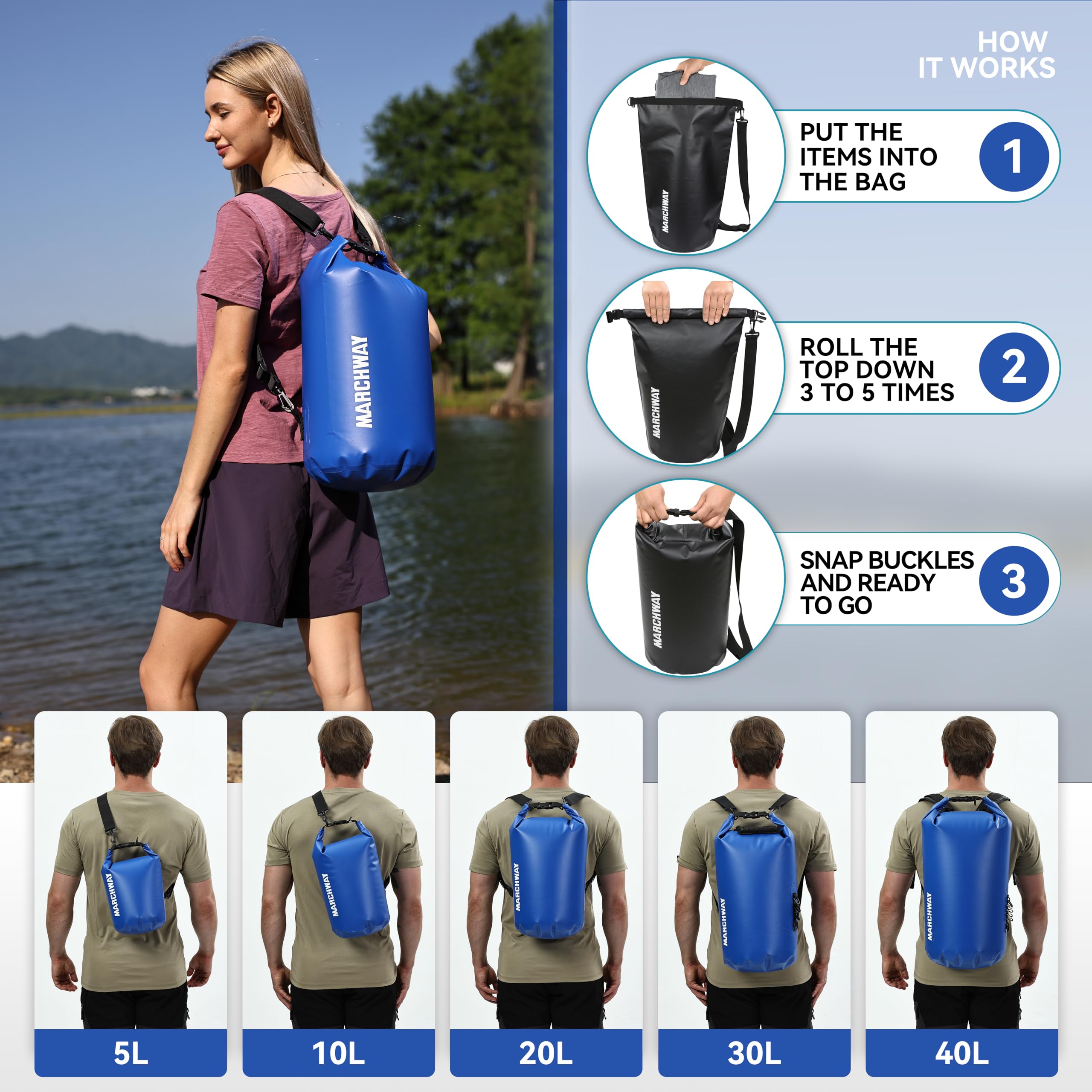 Waterproof Dry Bag Backpack 5L 10L 20L 30L 40L - Floating Roll Top Sack for Kayaking, Rafting, Boating, Swimming, Camping, Hiking, Beach & Fishing - Keep Gear Dry for Outdoor Water Sports & Travel Adventures