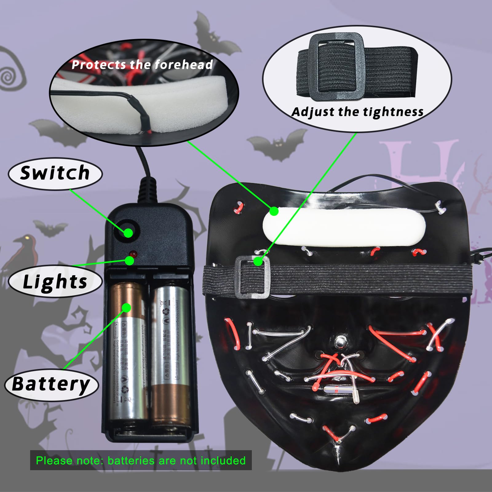 LED Light Up Halloween Mask with 4 Lighting Modes - Scary Scream Purge Mask for Cosplay, Horror Parties & Halloween Festivals - Rechargeable Glow Mask for Night Events & Costume Contests