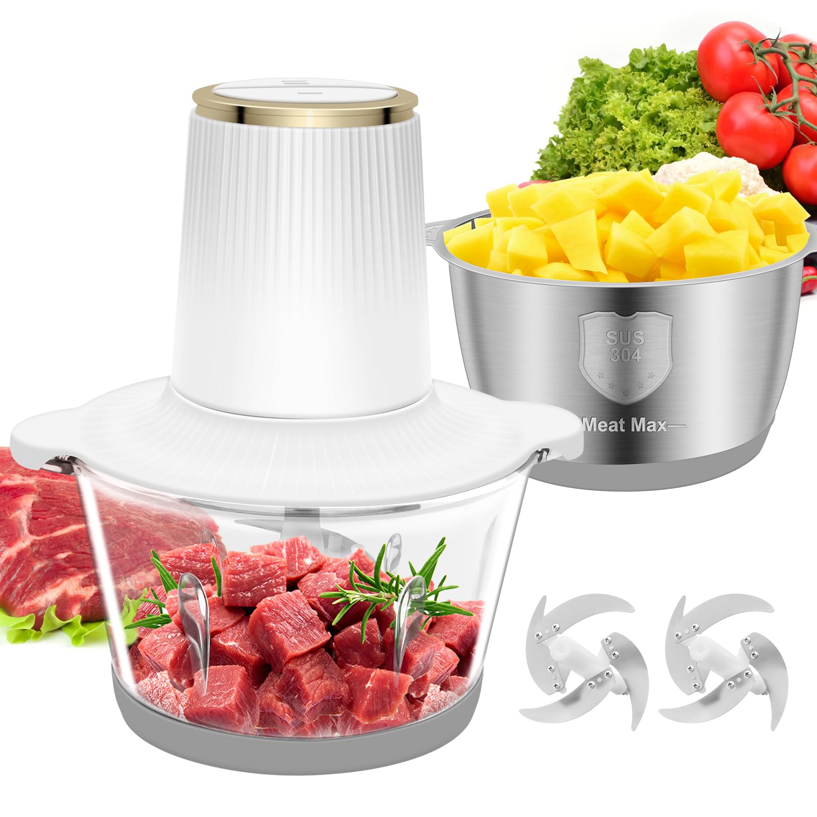 300W Electric Food Processor & Meat Grinder - 2 Speeds, 2 Bowls (8 Cup Each), 4 Bi-Level Blades - Perfect for Chopping Vegetables, Onion, Garlic, Meat, Nuts & Making Baby Food - Compact Kitchen Appliance for Everyday Cooking & Meal Prep (White, 2L Capacity)