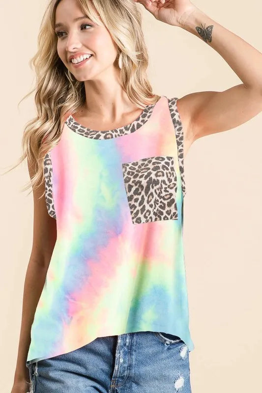 BiBi Sleeveless Tie Dye T-Shirt with Leopard Print Band - Trendy Summer Casual Top for Women | Perfect for Beach, Music Festivals & Streetwear Outfits