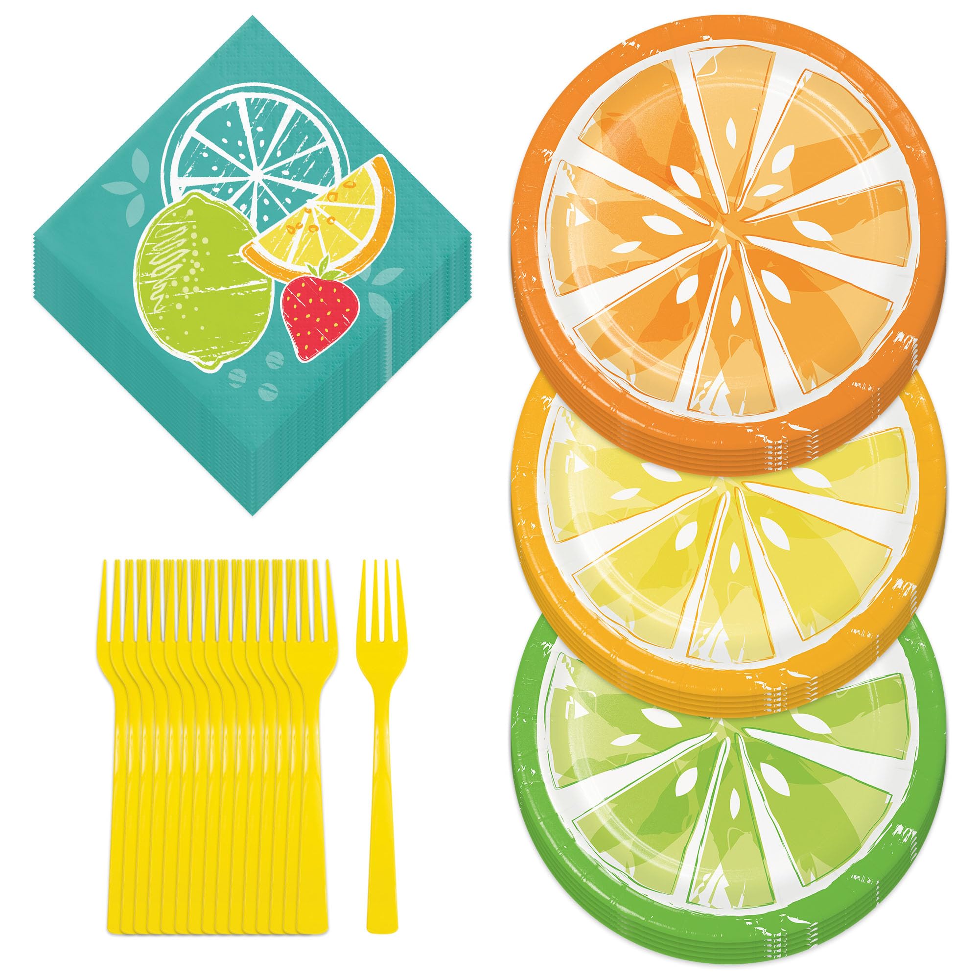 Tutti Frutti Citrus Slice Paper Plates, Beverage Napkins & Forks Set - Lemon Lime Grapefruit Design (16-Piece Party Tableware) for Birthday, Baby Shower & Summer Picnic Decorations