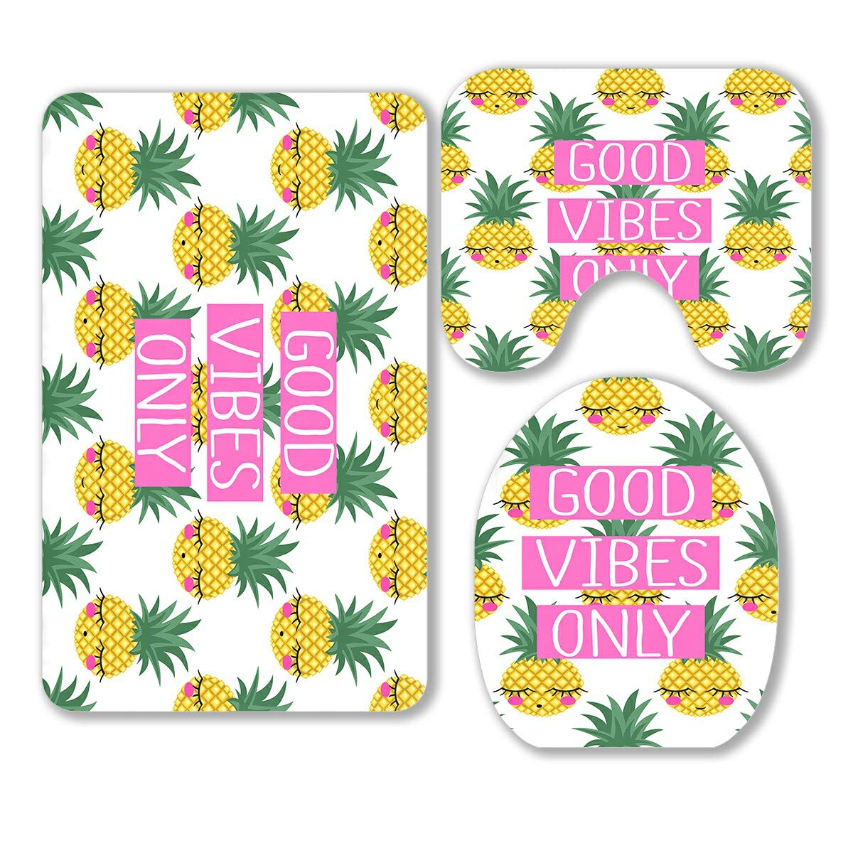 ECZJNT Good Vibes Only Pineapple Bathroom Rug Set - 3 Piece Non-Slip Bath Mat, Contour Rug & Toilet Lid Cover for Summer Decor | Soft & Absorbent for Bath, Shower & Powder Room