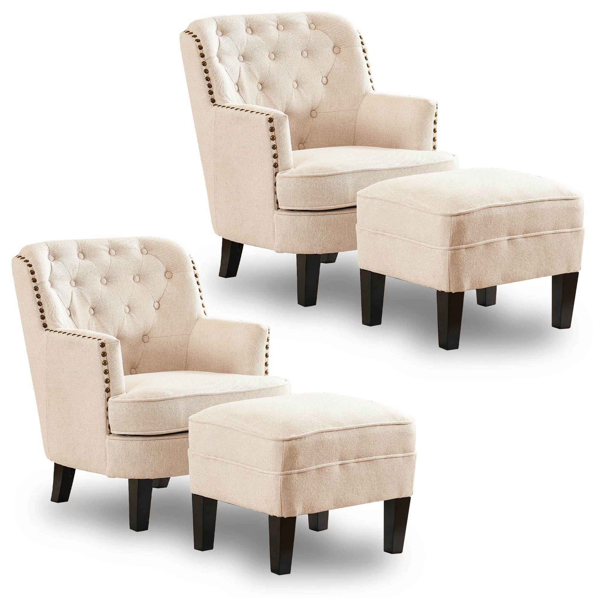 FOMNEY Accent Chairs Set of 2, Mid-Century Modern Living Room Armchairs with Ottoman - Solid Wood Legs, Button Tufted Upholstered Club Chairs for Living Room, Bedroom & Reading Nook - Comfortable Lounge Chairs (Beige) | Perfect for Home Decor, Relaxation & Small Spaces