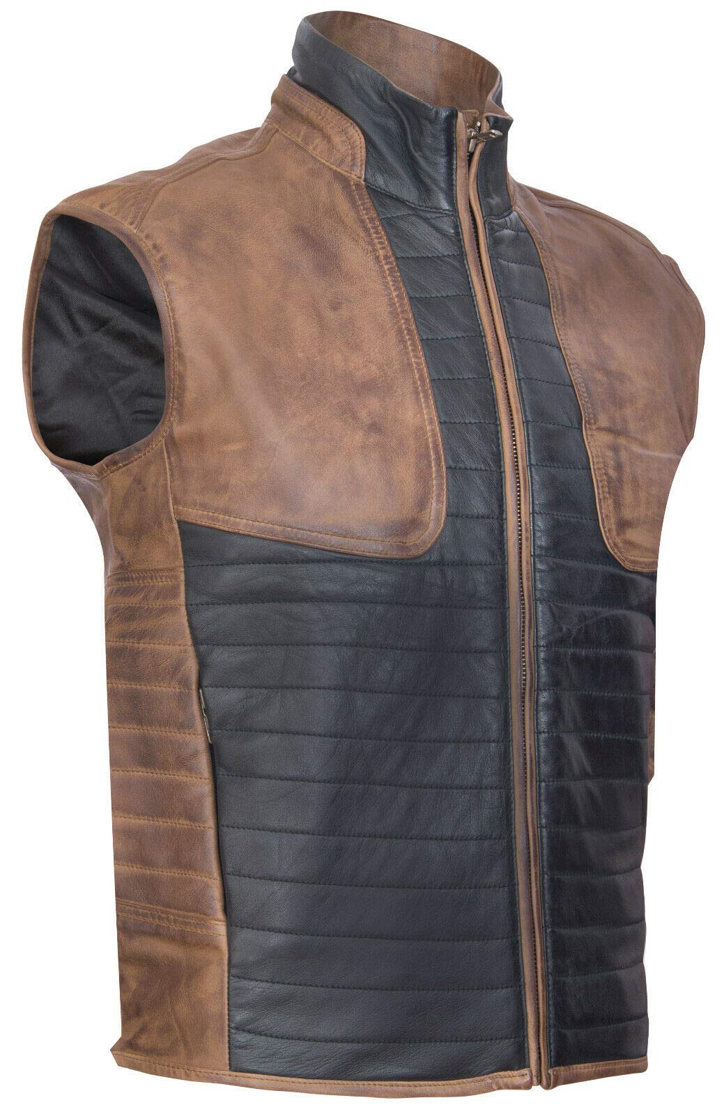 Men's Black & Brown Leather Puffer Vest - Sleeveless Quilted Waistcoat Gilet for Winter Warmth | Outdoor Hiking, Casual Streetwear & Layered Fashion