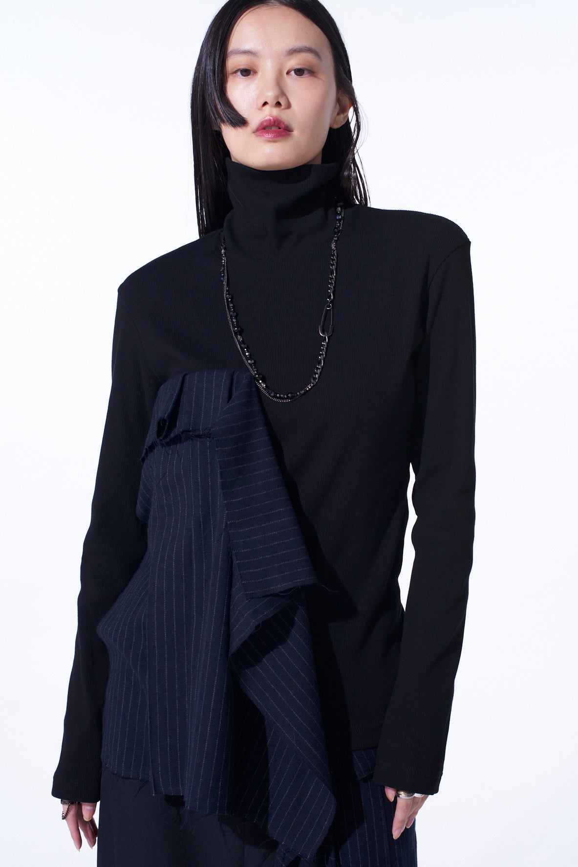 Premium Cotton Rib Jersey Long Sleeve High Neck T-Shirt with Pleated Stripes - Women's Fashion Basic Top for Casual Wear & Layering