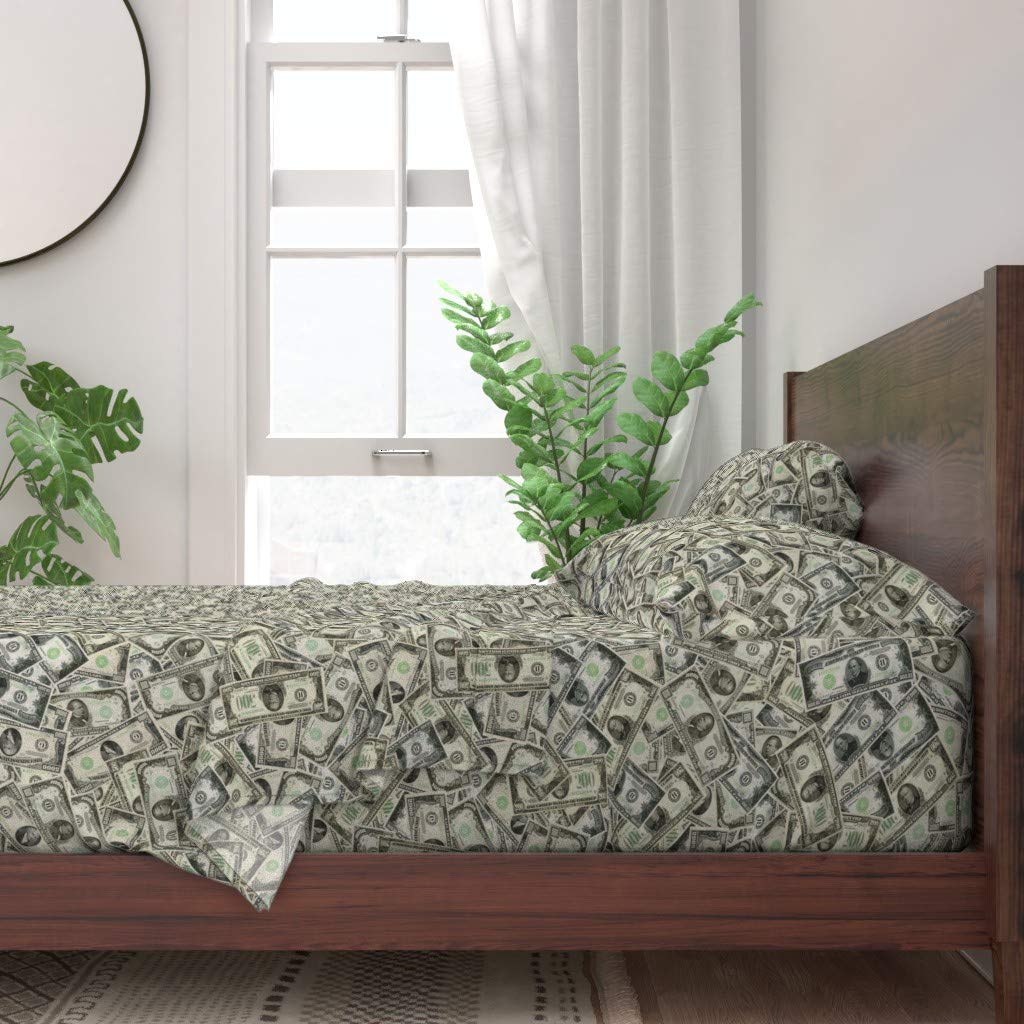 100% Cotton Queen 4-Piece Sheet Set with Green Dollar Bill Print | Spoonflower Premium Bedding for Home Decor & Themed Rooms