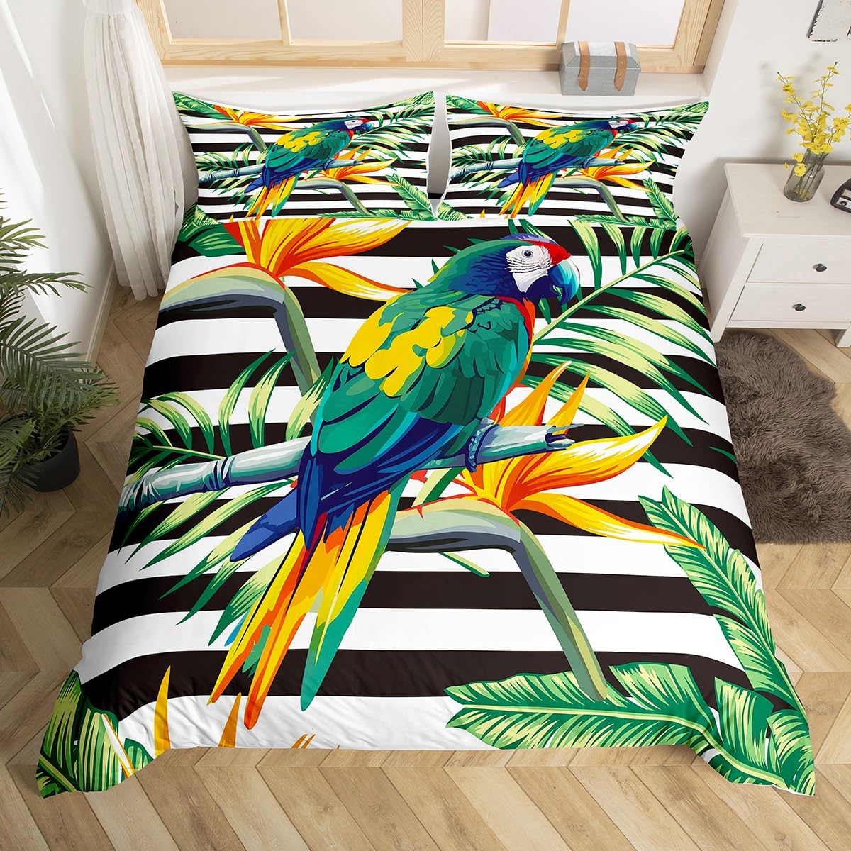Erosebridal Tropical Tree Duvet Cover Twin - Black & White Stripe Bedding Set with Green Palm Leaves, Parrot & Botanical Yellow Floral Design | Includes 1 Pillow Sham | Perfect for Beach House, Boho Bedroom or Jungle-Themed Decor