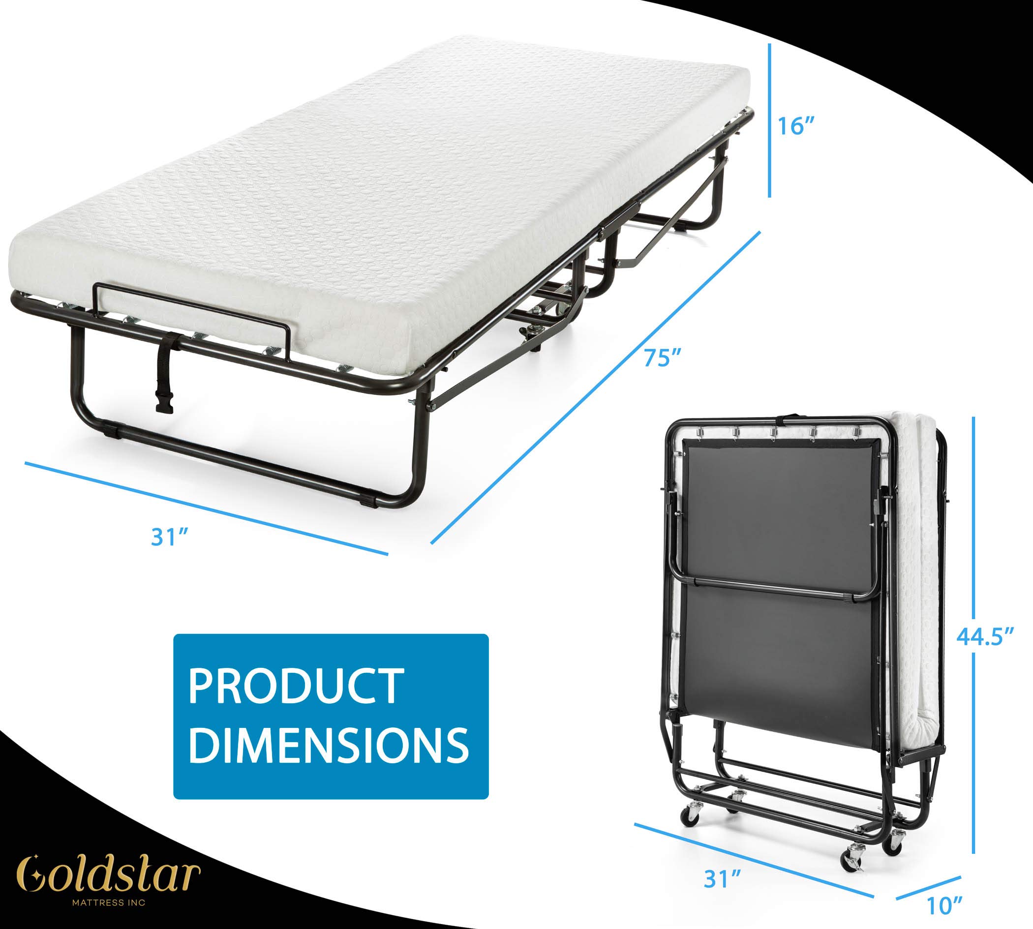 Heavy Duty Roll Away Bed with 4 Inch Memory Foam Mattress for Adults & Kids - Portable Guest Bed Cot on Wheels (31x75 Inches) - Perfect for Spare Rooms, Sleepovers & Temporary Sleeping Solutions