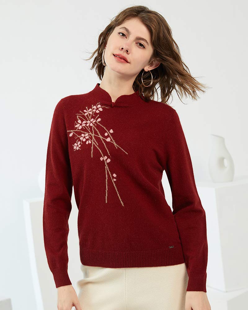 Zhili Women's 100% Pure Cashmere Embroidered Mandarin Collar Pullover Sweater - Soft & Warm Winter Knitwear for Office, Dating & Holiday Outfits