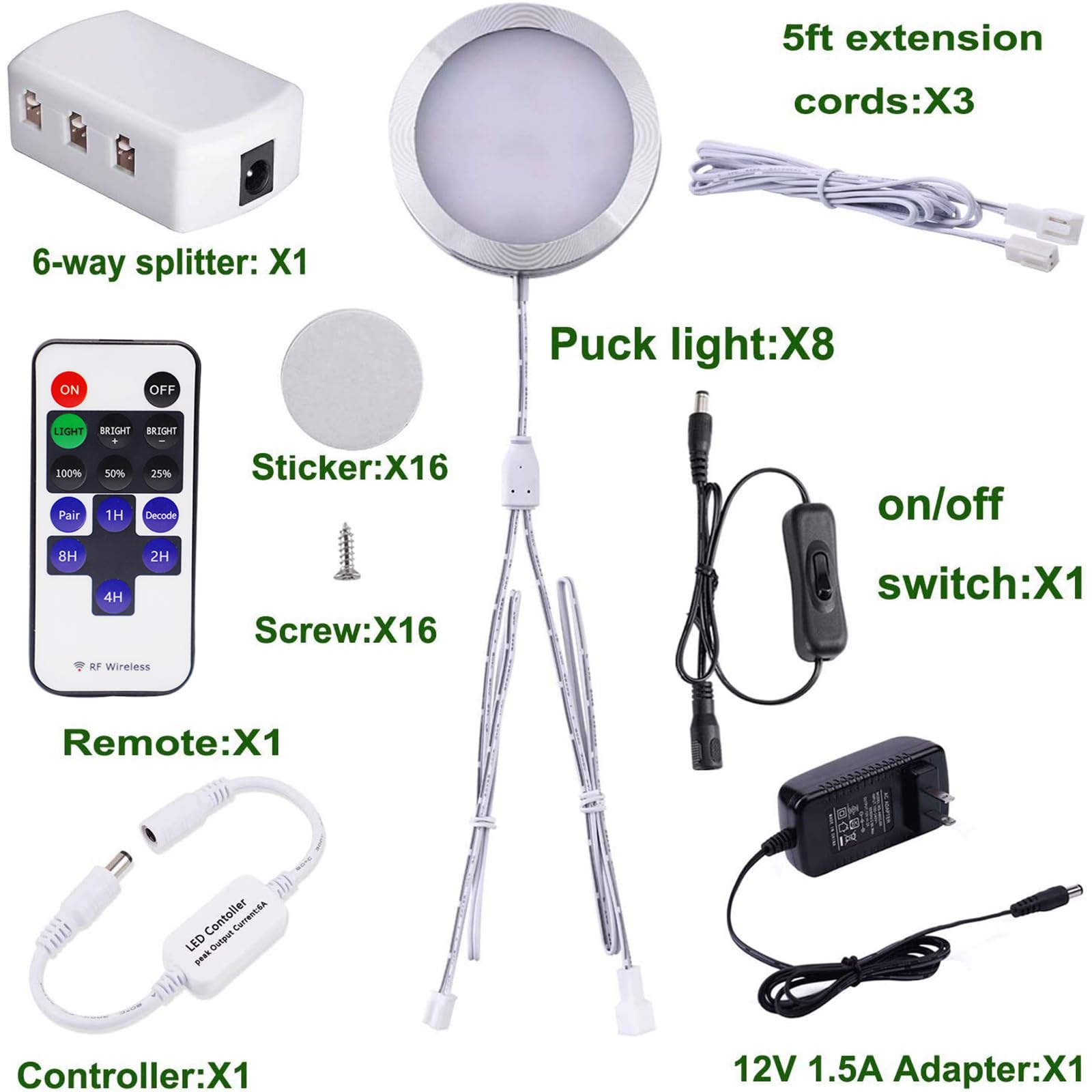 Aiboo Linkable Under Cabinet LED Puck Lights - 12V Dimmable Kitchen Lighting with Wireless RF Remote Control, UL Listed Power Plug (8 Pack, Warm White) - Perfect for Countertop Task Lighting, Pantry Shelves & Home Bar Ambience