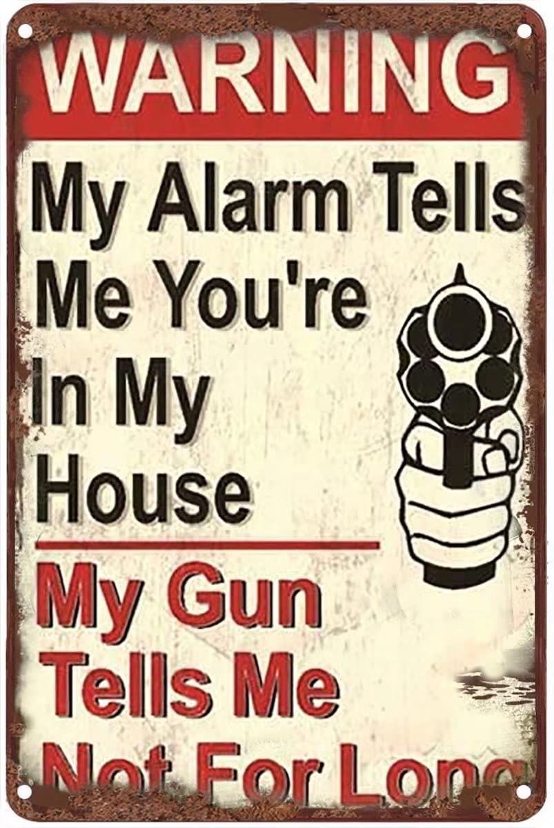 Xiddxu 5.5x8 Inch Warning Tin Sign - Funny Gun Alarm Metal Wall Plaque for Home, Bar, Man Cave & Coffee Shop Decor - Unique Gift for Gun Owners & Humor Lovers - Perfect for Western Themed Rooms & Security Joke Displays