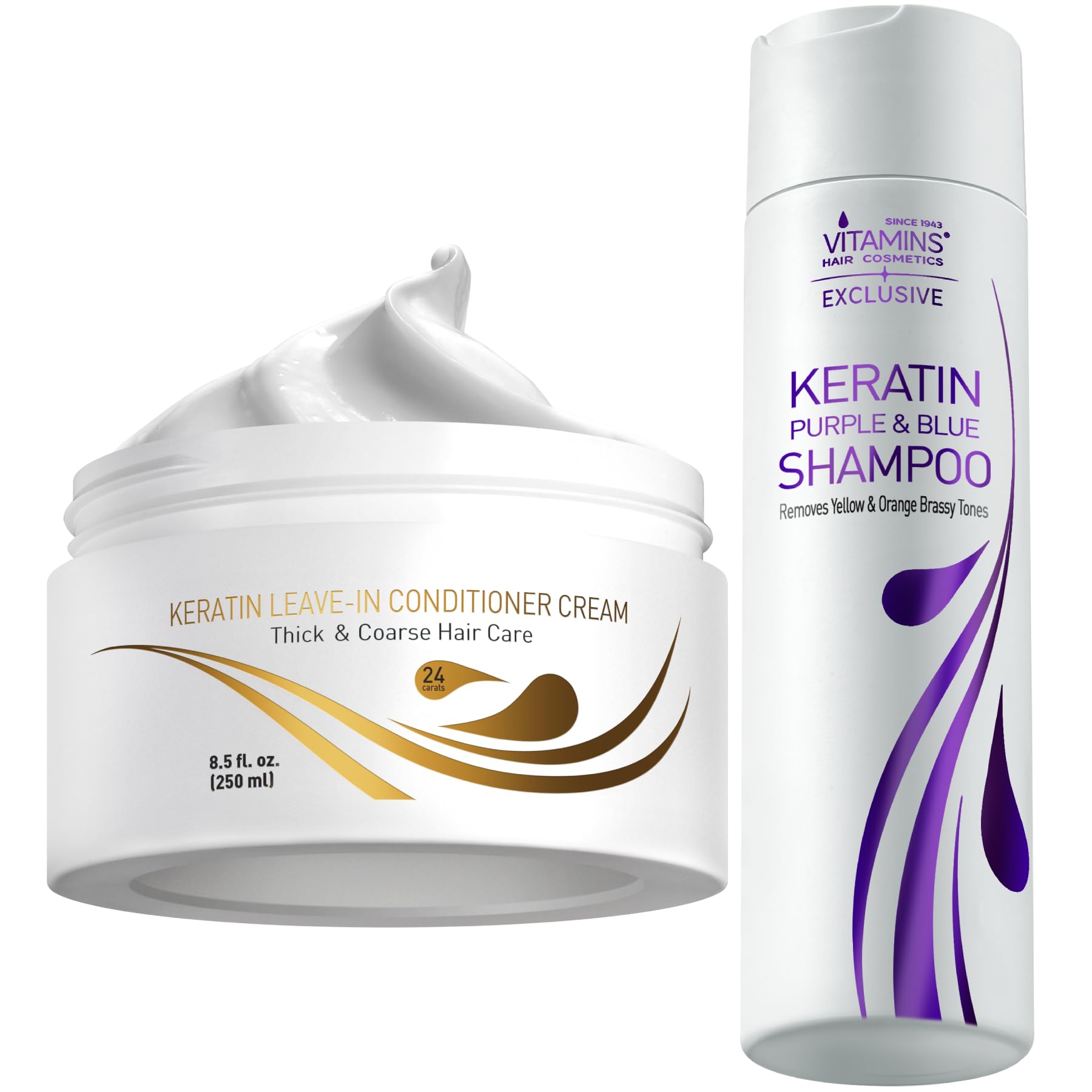 Keratin Thick Hair Leave-In Conditioner & Purple Shampoo Kit for Dry, Bleached Hair | No Rinse Moisturizer & Anti-Brass Shampoo for Blonde, Platinum, Silver Hair | Salon Quality Hair Care for Thick Hair | Perfect for Damaged, Color-Treated Hair at Home or Salon Use