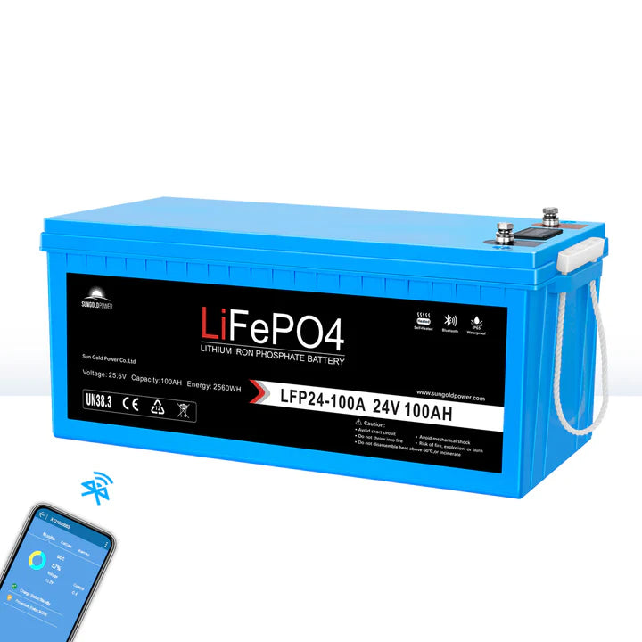 24V 100Ah LiFePO4 Deep Cycle Lithium Battery with Bluetooth, Self-Heating & IP65 - Perfect for RVs, Solar Systems, Marine & Off-Grid Power Storage