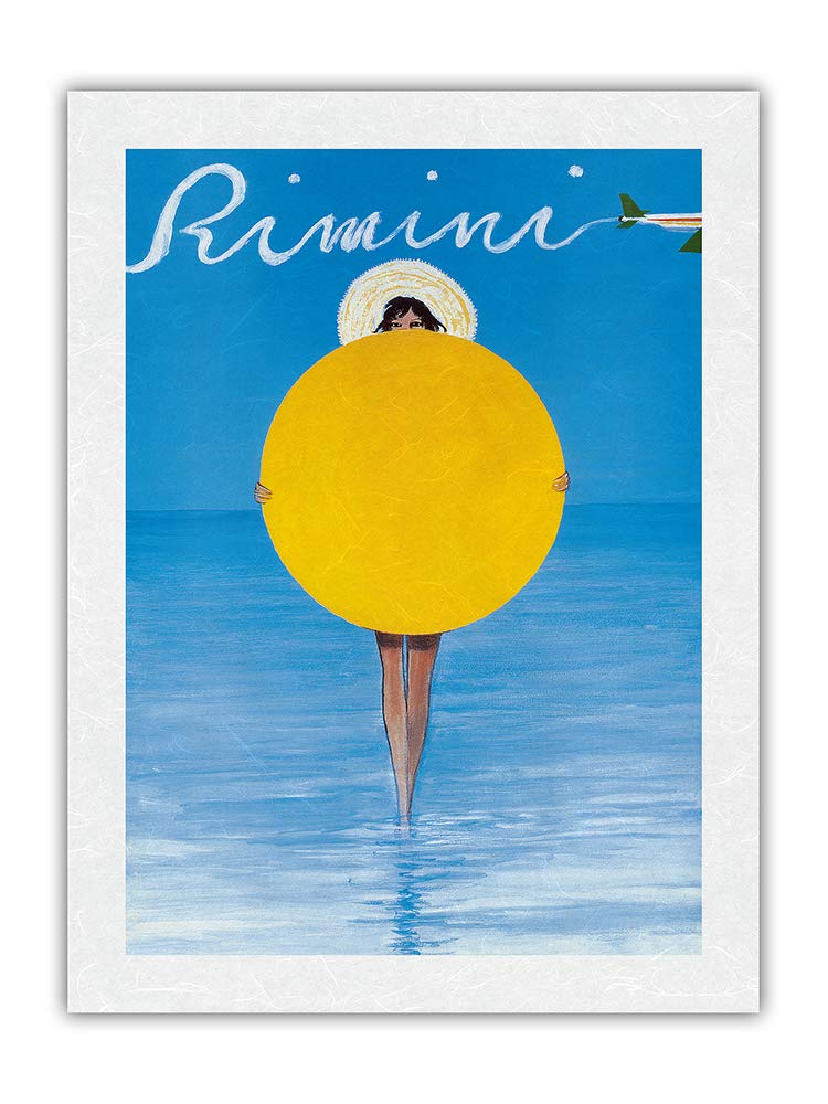 Vintage Italian Travel Poster - René Gruau 1990 Rimini Beach Girl with Sun Umbrella - Premium Unryu Rice Paper Art Print 17x22 inches - Perfect for Coastal Home Decor & Retro Office Wall Art