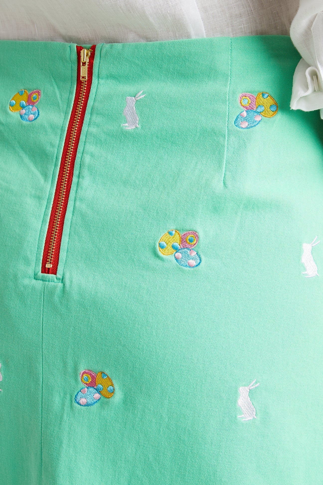 Stretchy Ali Skirt in Spring Green Twill with Easter Bunny & Egg Print - Perfect for Easter Celebrations, Spring Outfits & Casual Wear