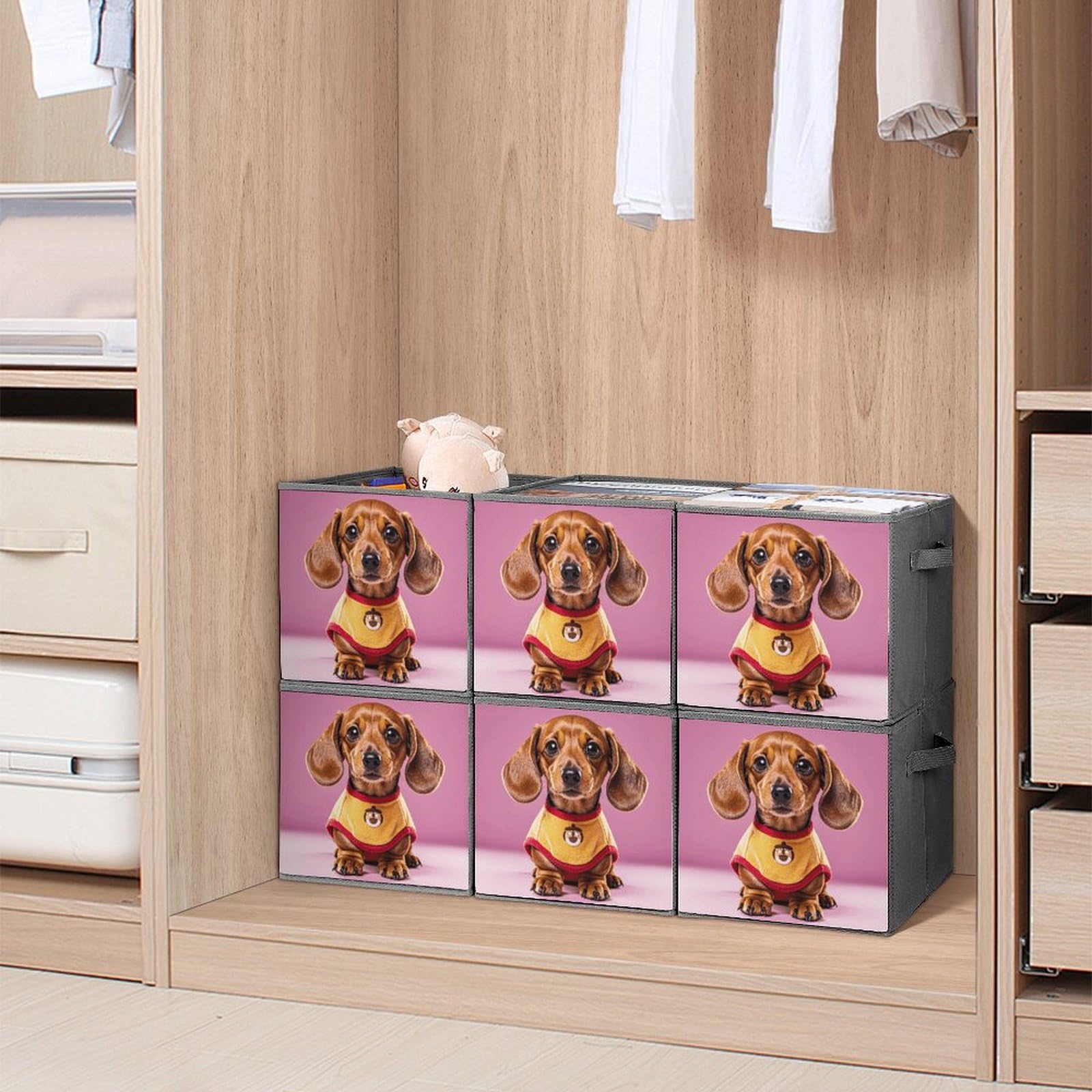 6PCS Collapsible Storage Bins with Handles - Cute Dachshund & Duggee Printed Organizing Boxes for Shelves, Closet, Bathroom | Multi-Functional Foldable Storage Containers for Home, Office & Kids Room Organization