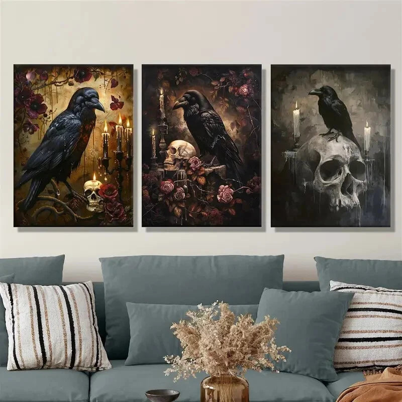 3-Piece Skeleton Crow Art Metal Print - Dark Fantasy Gothic Wall Decor - Ready to Hang - Perfect for Halloween, Gothic Home Decor & Horror Themed Rooms