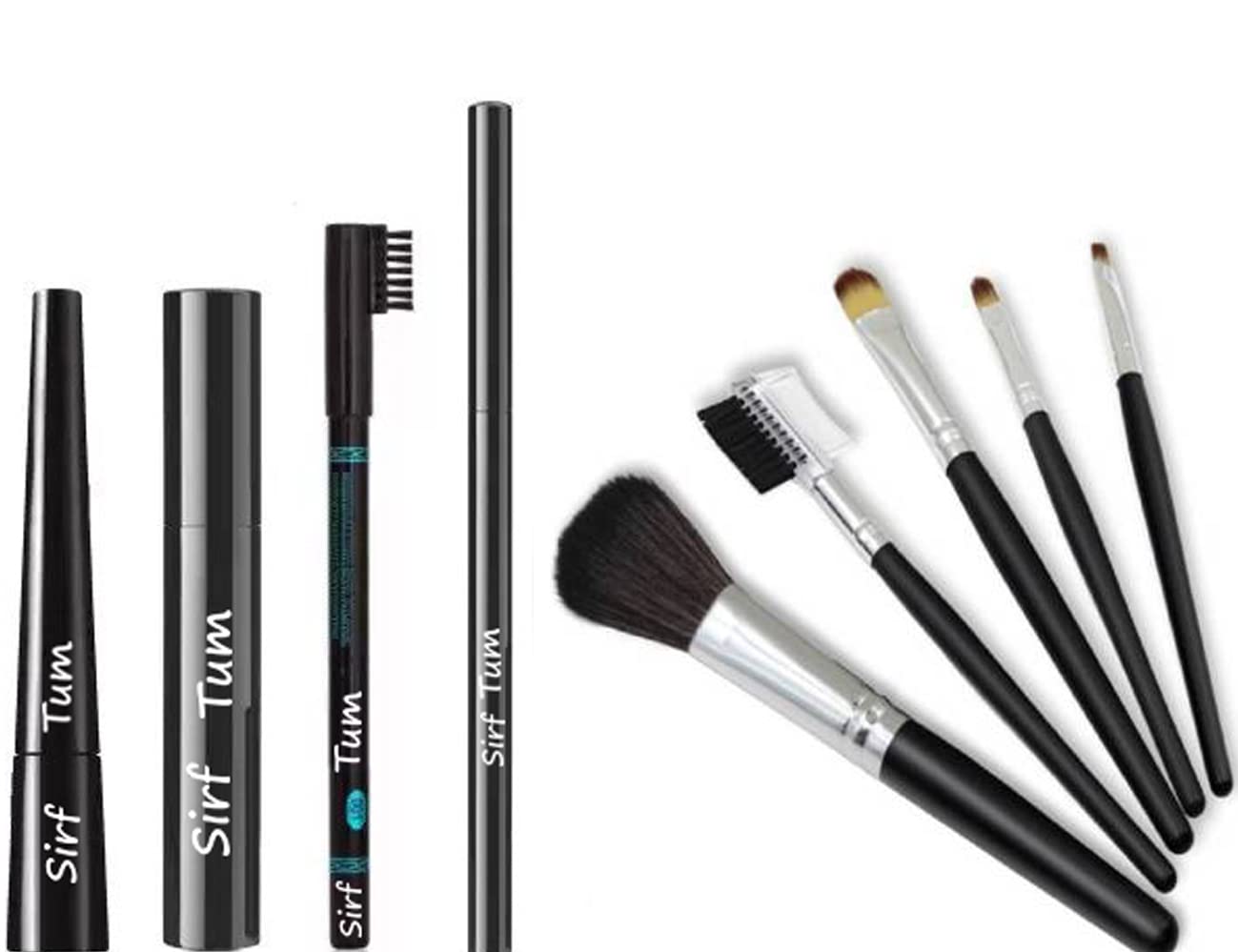 Glossy Eyeliner, Hypercurl Mascara, Eyebrow Pencil & Kajal Pencil Set with Makeup Brush - 5-Piece Black Makeup Kit for Dramatic Eye Looks | Perfect for Everyday Wear, Party Makeup & Professional Beauty Routines